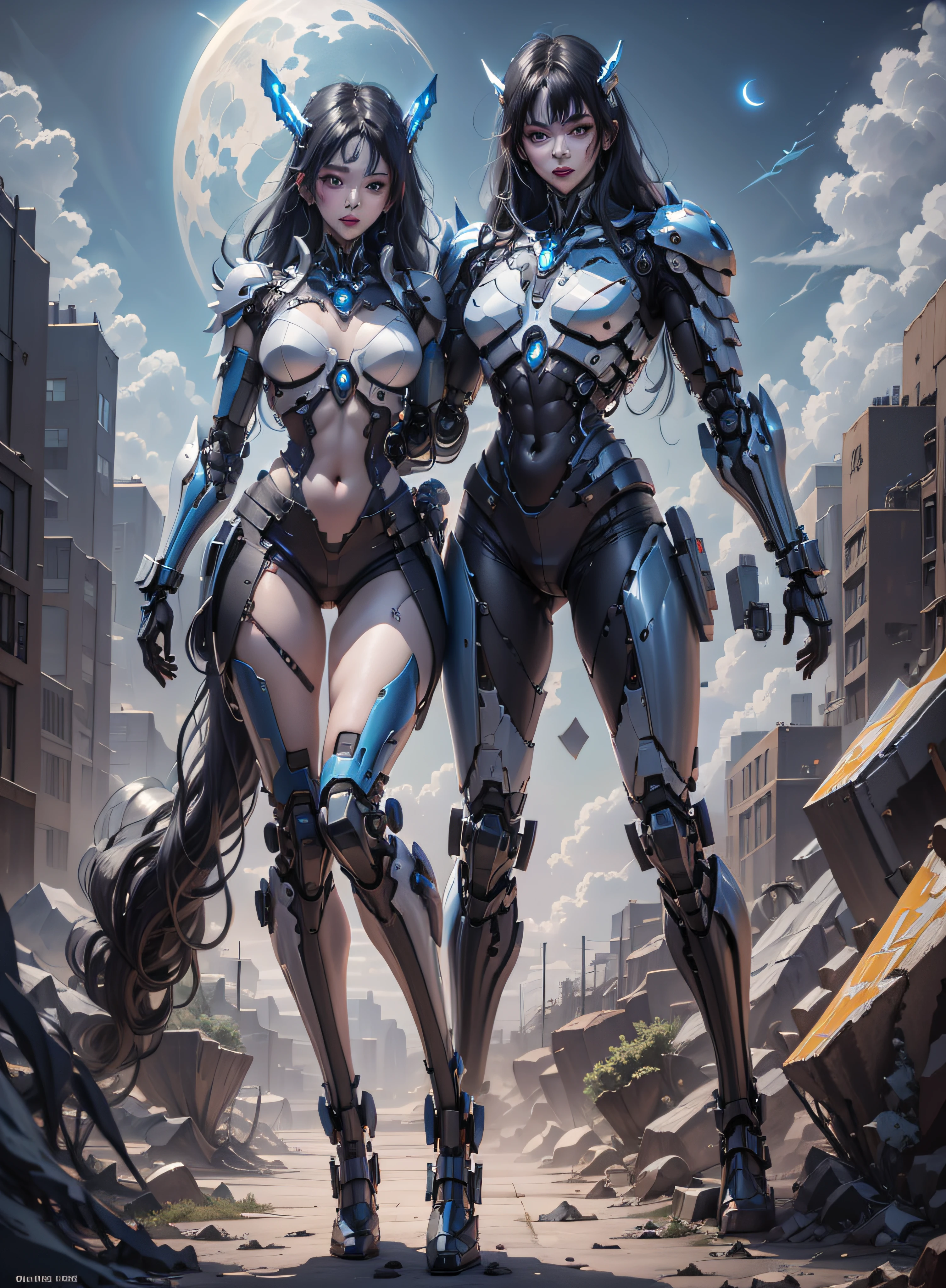 High definition (8k), Beautiful woman detailed defined body, bluish black hair, sexy full body pose wearing conan the barbarian cosplay, medium breasts, high tech blue uniform, cyberpunk, futuristic, scenery with night sky with clouds, moon,