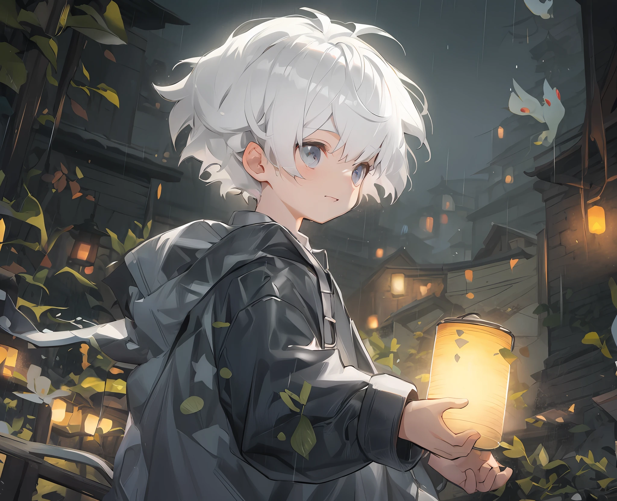 (8k), white-haired silver-eyed little Shota in a raincoat, walking in the rain, carrying a lantern, mist light, strong contrast, movie lens, 2D, (Hotaru: 1.05)