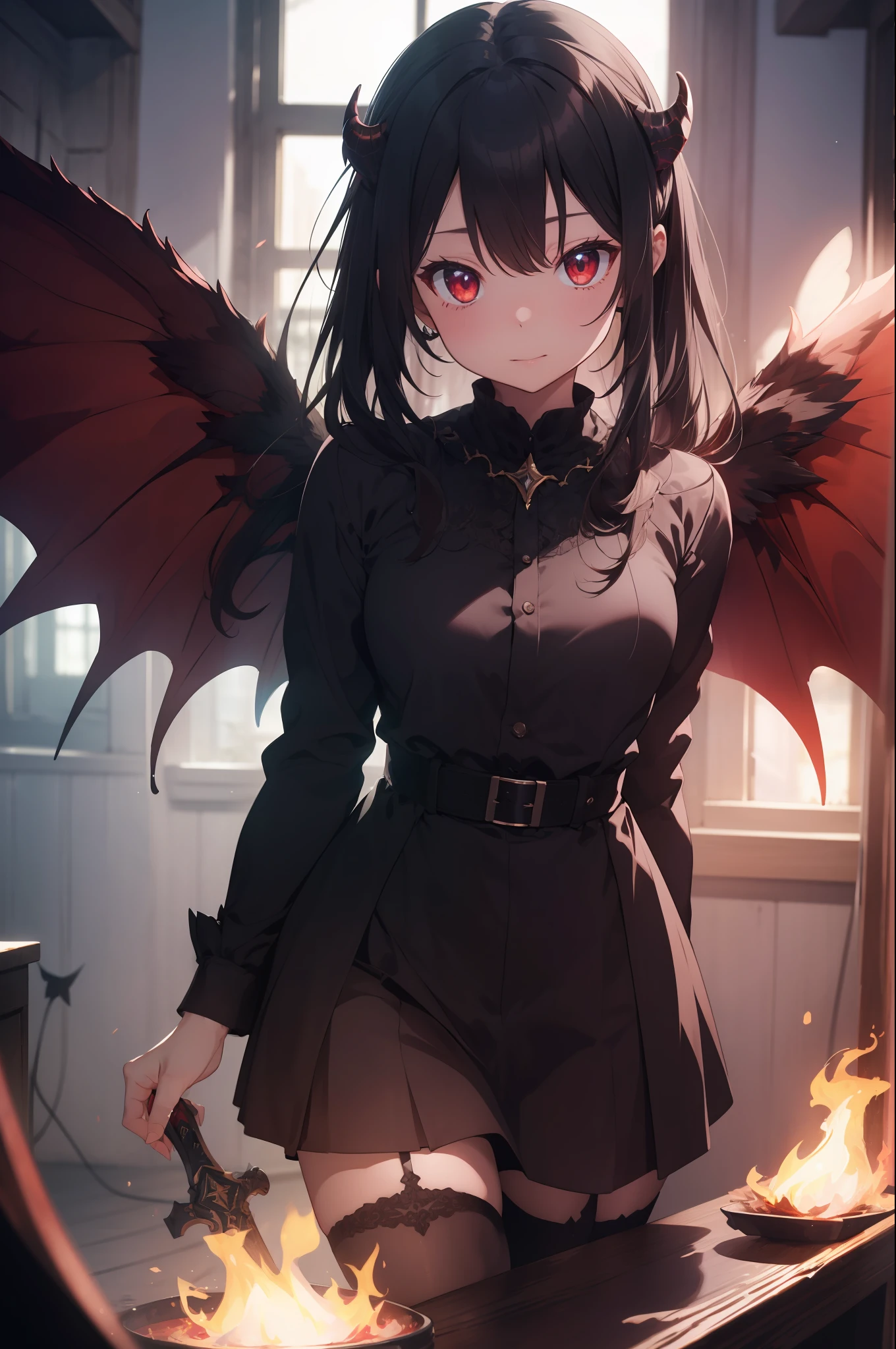 (extremely detailed CG unity 8k wallpaper,masterpiece, best quality, ultra-detailed, beautiful detailed eyes:1.2),best illumination, (best shadow, an extremely delicate and beautiful, bloom),
1gril,solo,red eyes,Heavy armor,long hair,holding sword,Angel wings,black wings,red jewelry,(big wings:1.4),Film filter,Satan, Hellfire,full body,demon,flame,