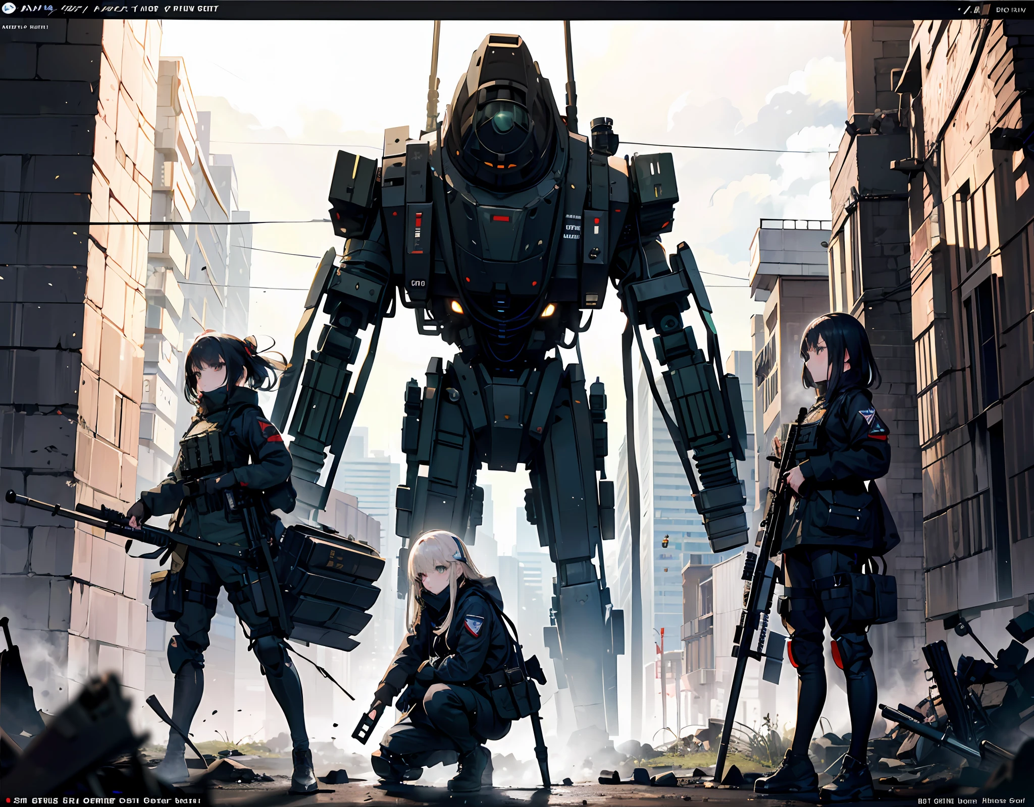 {{Masterpiece, top quality, highly detailed CG, 16K, movie lighting, lens flare}}, (Lahti L-39 anti-tank gun), (girl soldier vs giant military robot aiming with a giant rifle), (wide view), thick body, photorealistic: 1.4, long blonde hair, green eyes, having multiple weapons, aiming, (Lahti L-39 anti-tank gun), Shot in direct light, 35mm depth of field on rubble, f/1.8, night footage, ((Shinjuku at night (5 fully equipped special forces SWAT protect women)), (sniping with anti-tank rifles), (from side), HDR, hyper detailed, giant robot wreckage, (wide angle lens), kneeling, robot destroyed and exposing internal structures, Movie poster style