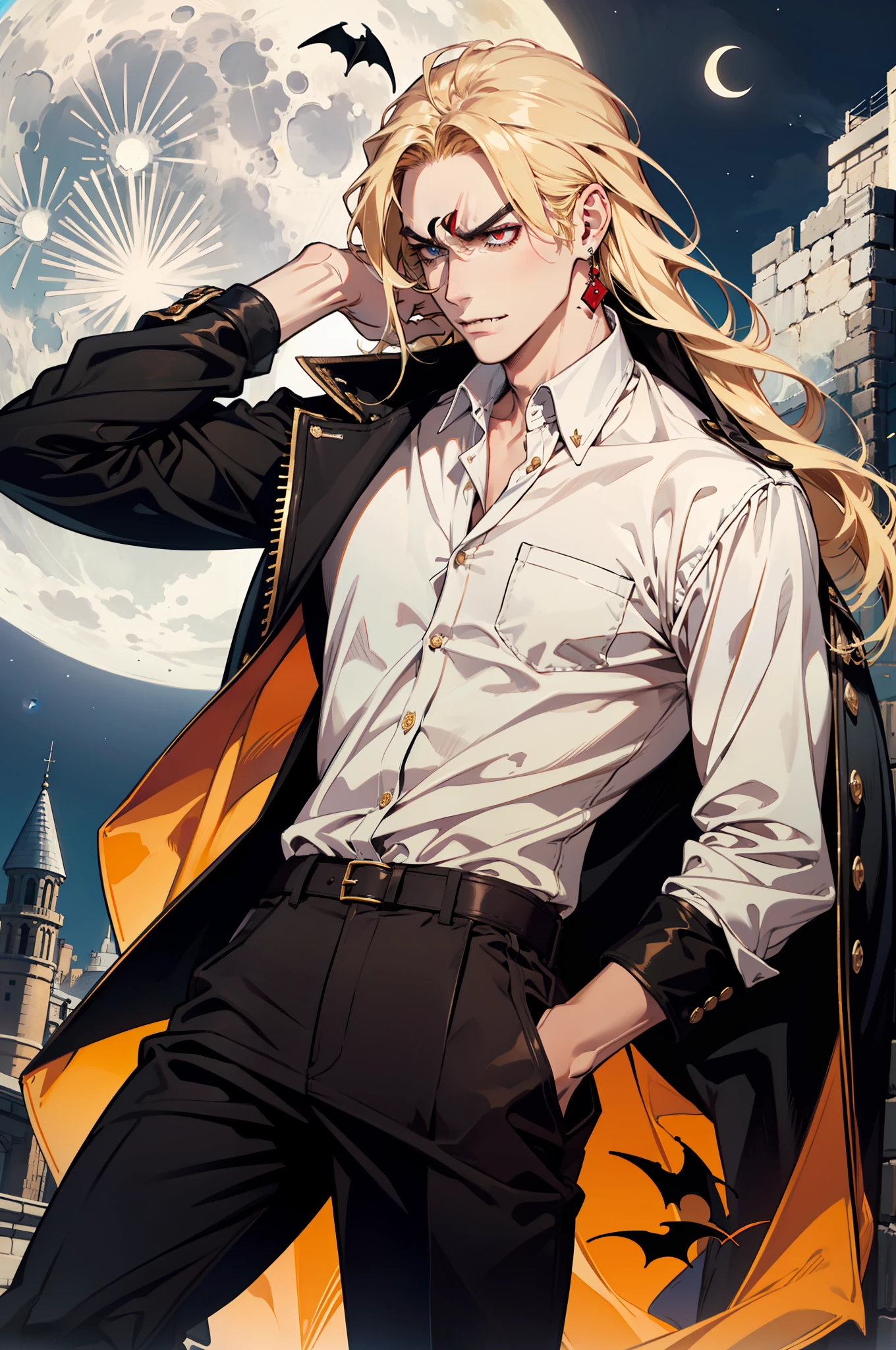 (absurdres, highres, ultra detailed), 1man, 30 years old man, adult man, handsome, tall,, finely detailed eyes and detailed face, brown leather pants, white shirt, night, smile, dutch angle, ((long hair, blonde hair)), moon, gold details, earrings, gothic, vampire, vampire prince, dark, simple clothes, looking at the view, pale skin, red detailed eyes, (masculine), sexy, elegant, long bangs, (((angry)))