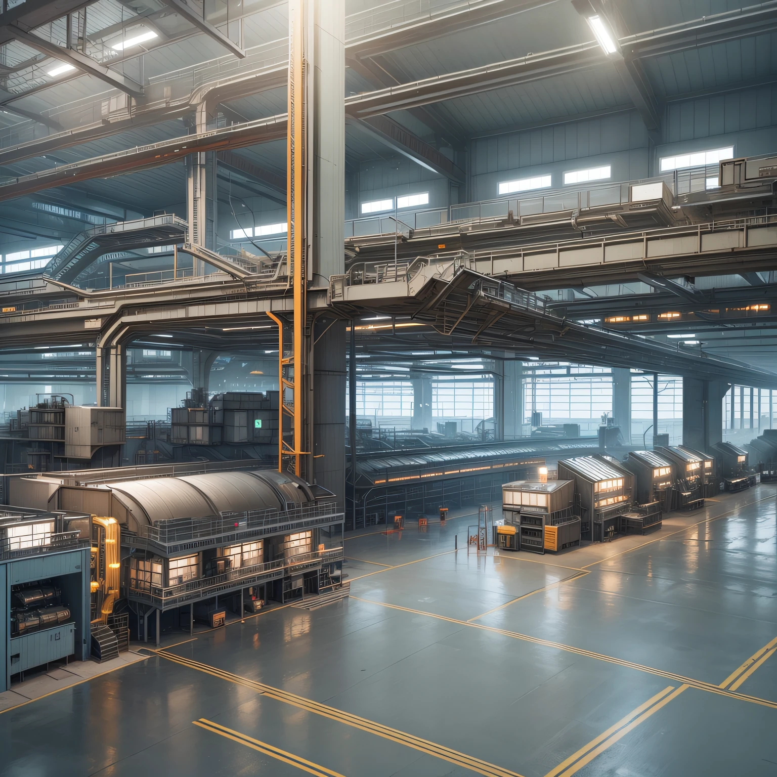 interior of an engine factory, assembly line, no people, real manufacturing process, ultra high quality, high definition, 8k, high color contrast (best quality) (detailed description)