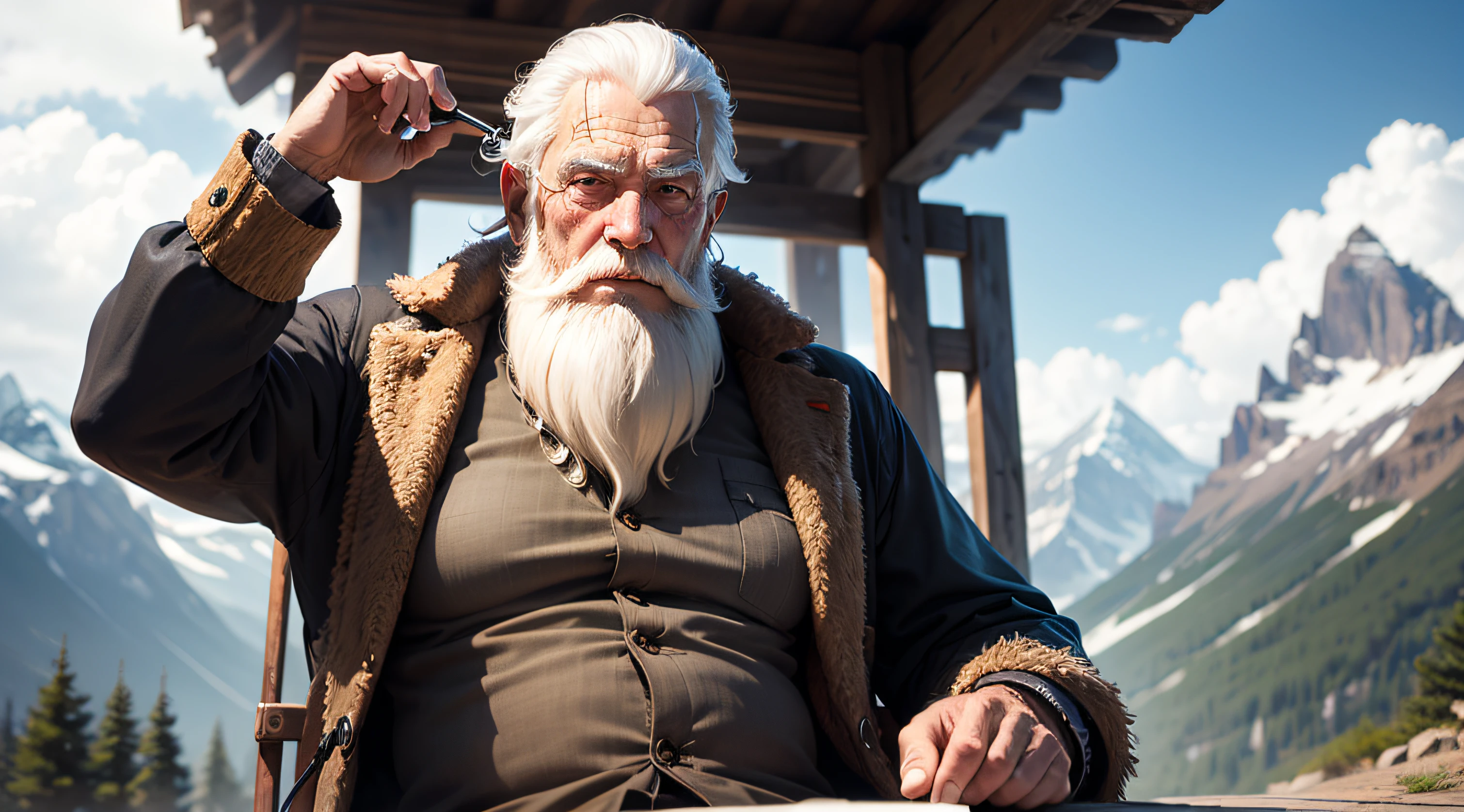 a wise old man who lived in the mountains, white beard, white hair --auto