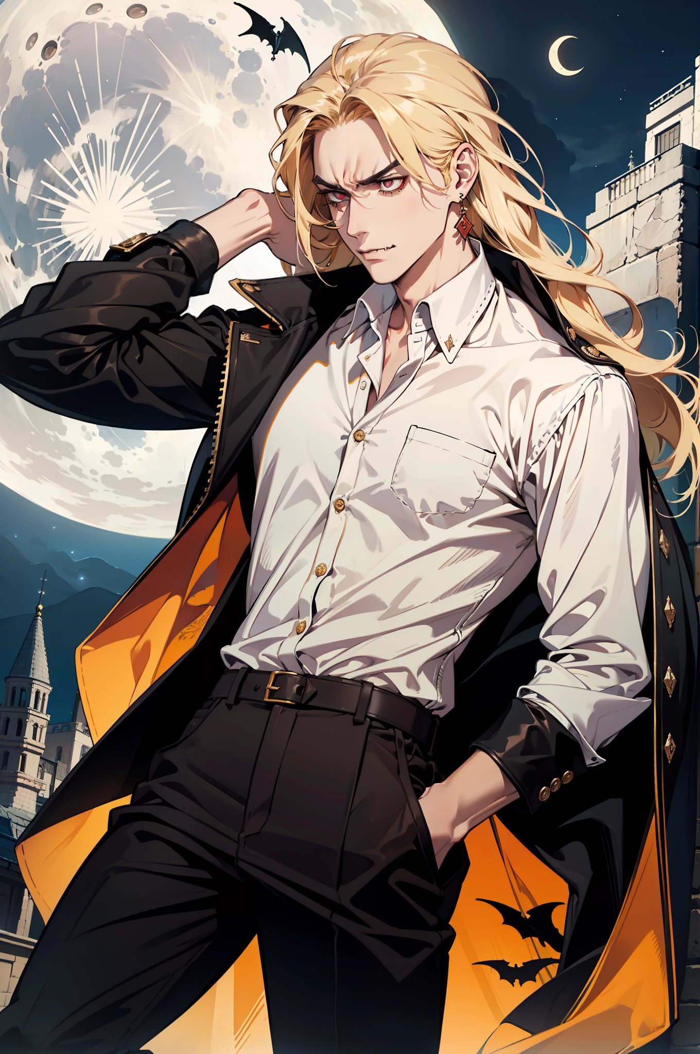 (absurdres, highres, ultra detailed), 1man, 30 years old man, adult man, handsome, tall,, finely detailed eyes and detailed face, brown leather pants, white shirt, night, smile, dutch angle, ((long hair, blonde hair)), moon, gold details, earrings, gothic, vampire, vampire prince, dark, simple clothes, looking at the view, pale skin, red detailed eyes, (masculine), sexy, elegant, long bangs, (((angry)))