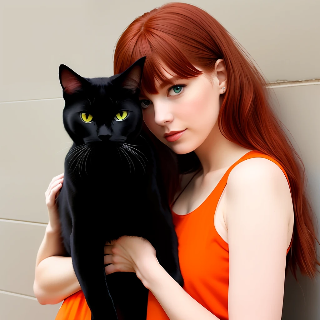 Redhead with a black cat and an orange