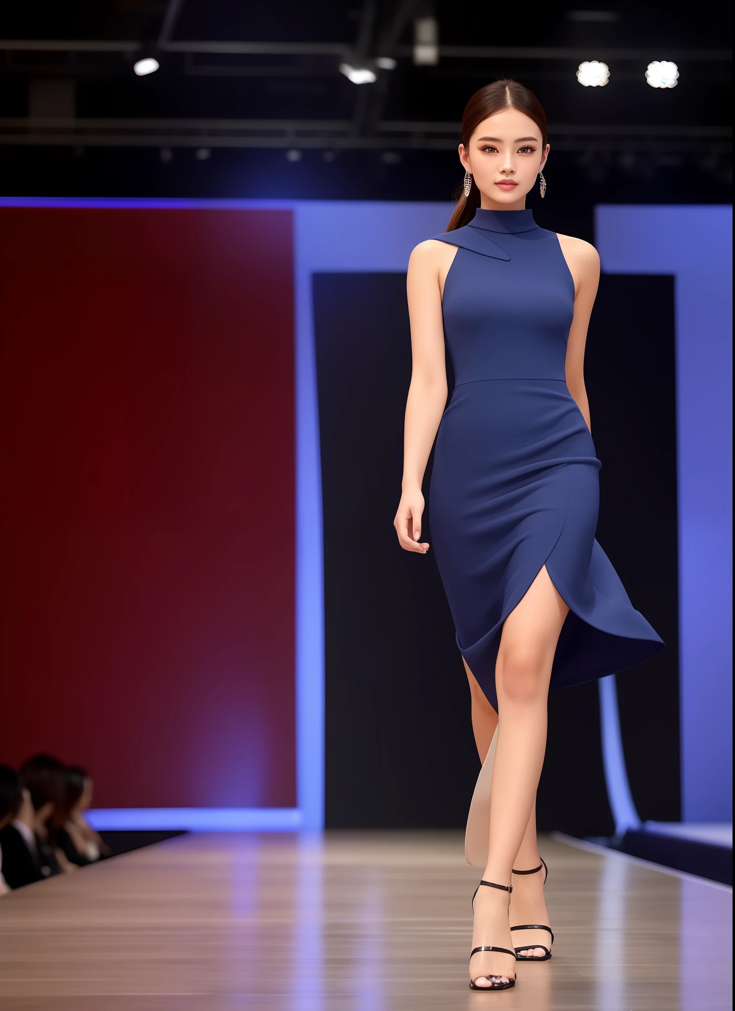 European style, office industry, formal occasions, professional uniforms, fashionable style, clear lines, blue background, simple atmosphere, require a full set of effects, use more suitable models to show, walking on the catwalk, catwalk walking, stage walking, the front can see the overall effect, the customer wants the overall effect, the customer requires the front, the overall effect can be seen clearly, can see the style at a glance,