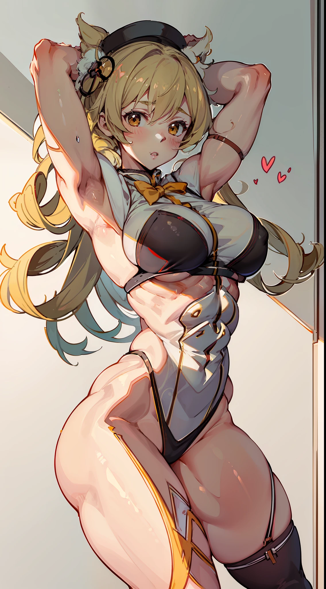 1 girl, anime girl, best quality, bodybuilding, muscle, big, wallpaper, hotel, blush, seductive, mami tomoe,