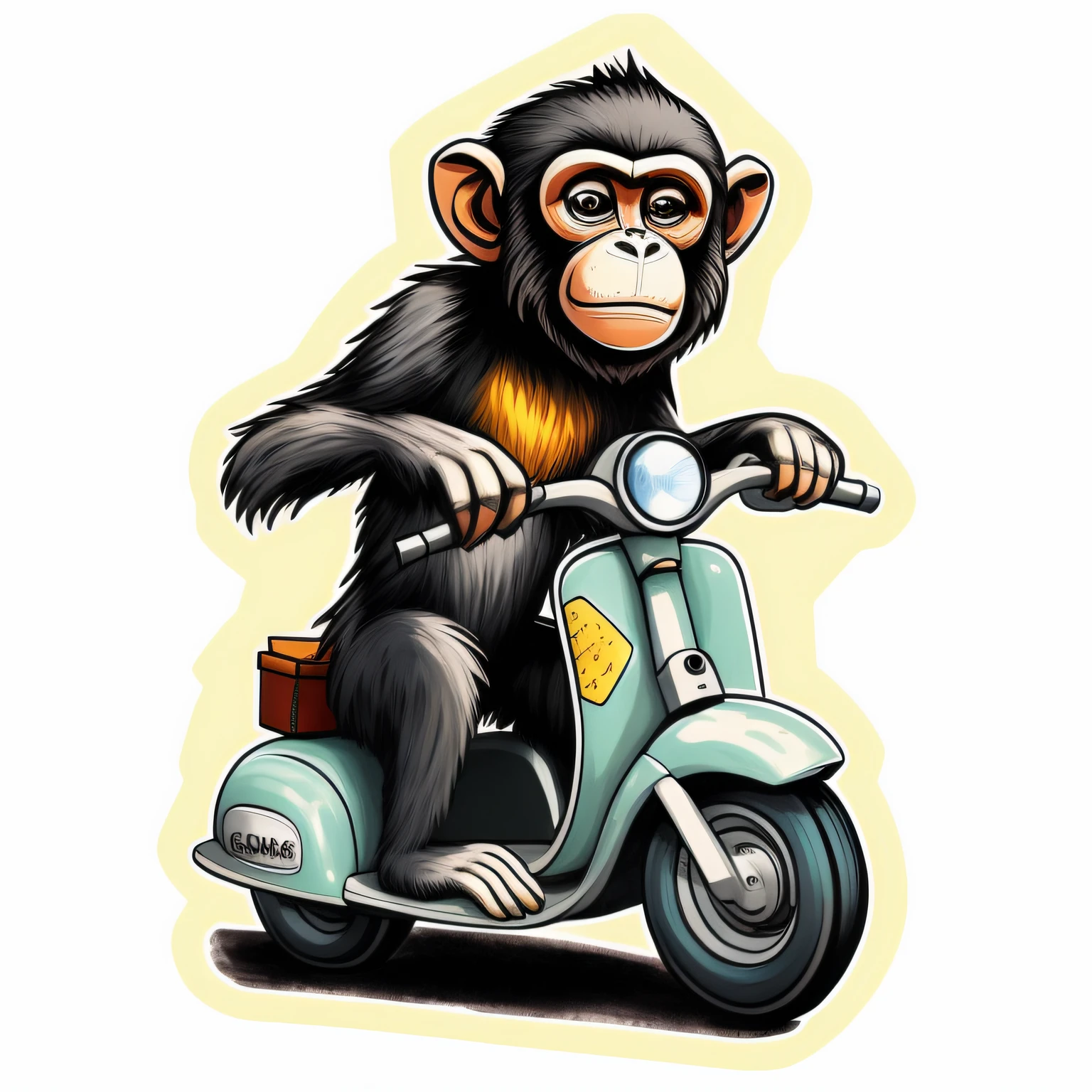 a close up of a monkey riding a scooter with a basket on the back, inspired by Alex Petruk APe, monkey, by Alex Petruk APe, moped, sticker illustration, sticker design, subject= chimp, riding on the moped scooter, humanoid monkey fantasy race, amazing, stickers illustrations, ape, full color illustration, monkeys