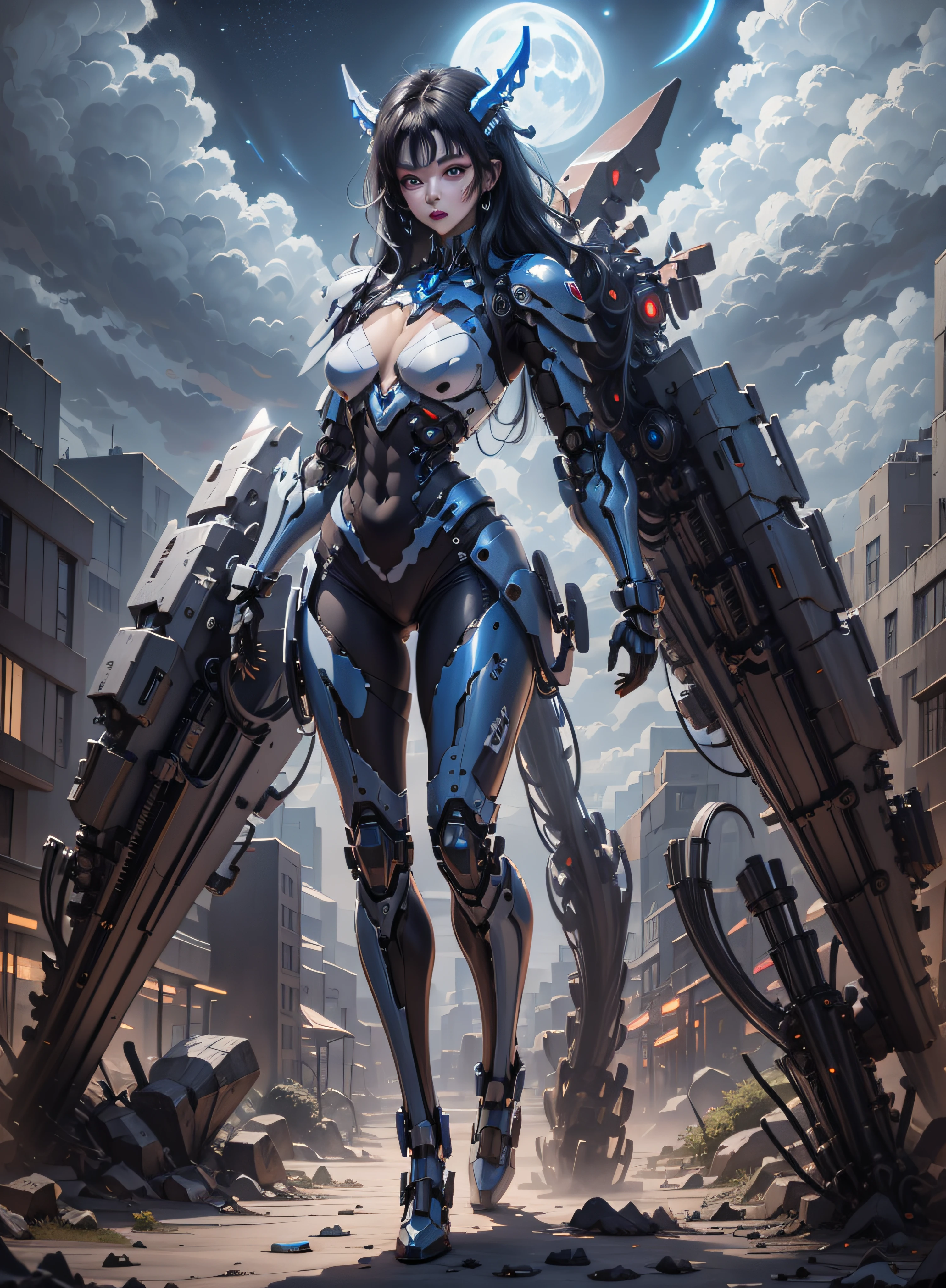 High definition (8k), Beautiful woman detailed defined body, bluish black hair, sexy full body pose wearing conan the barbarian cosplay, medium breasts, high tech blue uniform, cyberpunk, futuristic, scenery with night sky with clouds, moon,
