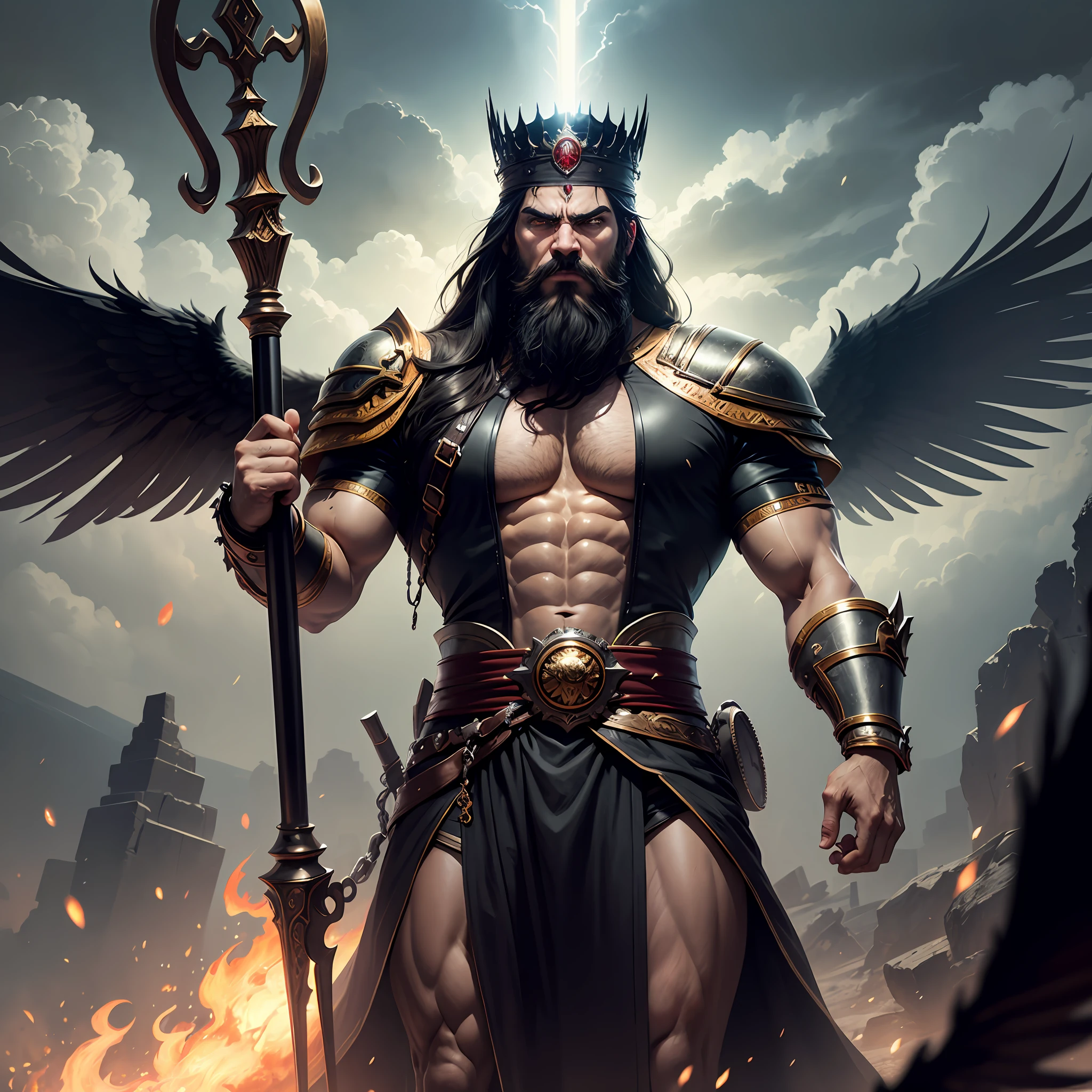 A man like Persian king Darius the Great, long black beard like Achaemenid Persian, Very long beards, angry, real quality like game, 4k, very muscular body, long black hair, two big black wings, iron scepter in hand, angry and angry, like God, like Persian king Darius, his face like super villain , the weather is stormy and rainy, he looks at the sky, high quality --auto