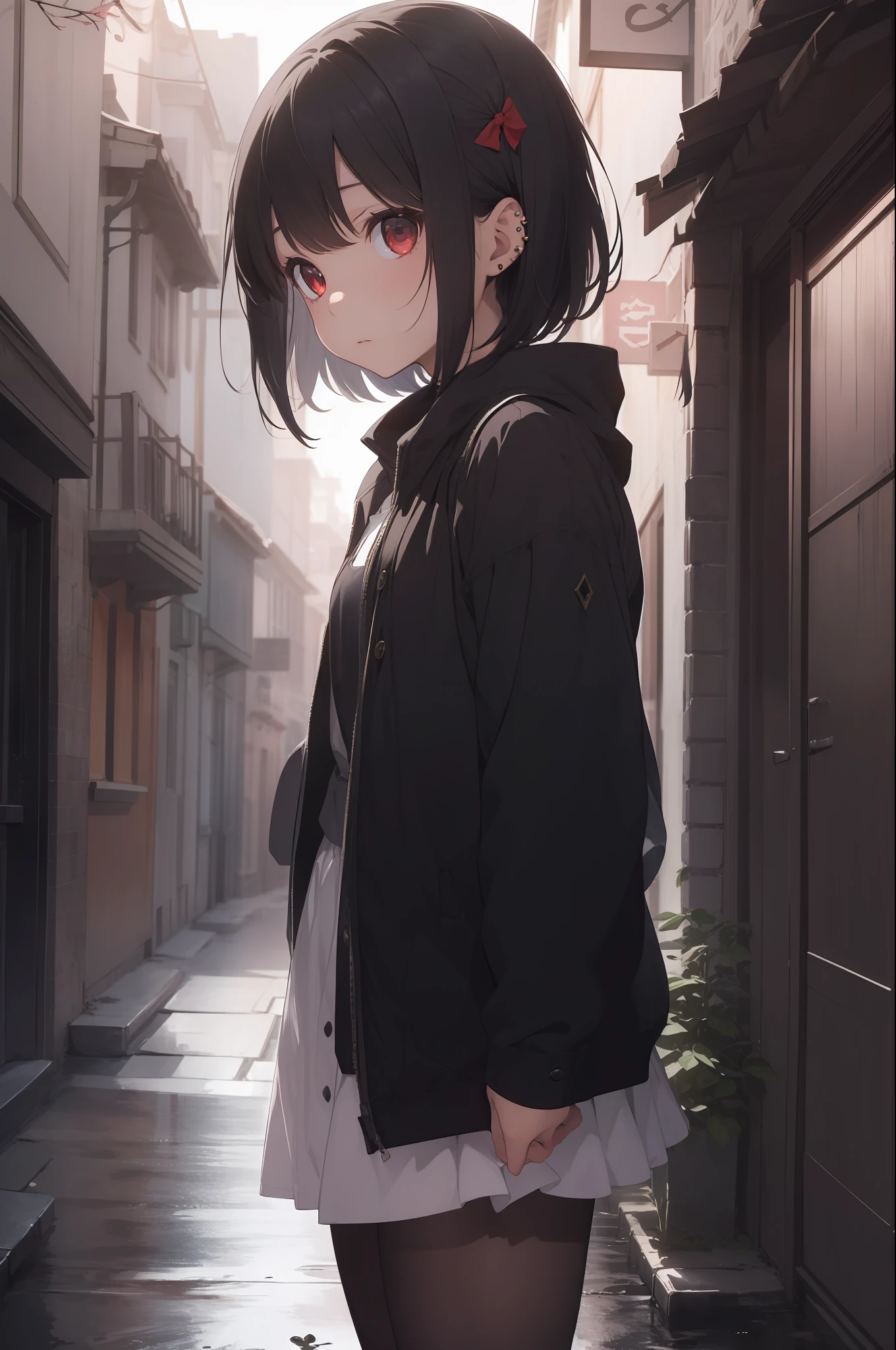 (extremely detailed CG unity 8k wallpaper,masterpiece, best quality, ultra-detailed, beautiful detailed eyes:1.2),best illumination, (best shadow, an extremely delicate and beautiful, bloom),
1gril,solo,In the heart of a sprawling metropolis, a young girl named Hana finds herself standing alone in the depths of a dimly lit and eerie alley. The atmosphere is thick with an unsettling ambiance, the darkness seeming to dance around her. With her short grey hair and piercing red eyes, she exudes an air of mystery and quiet determination.