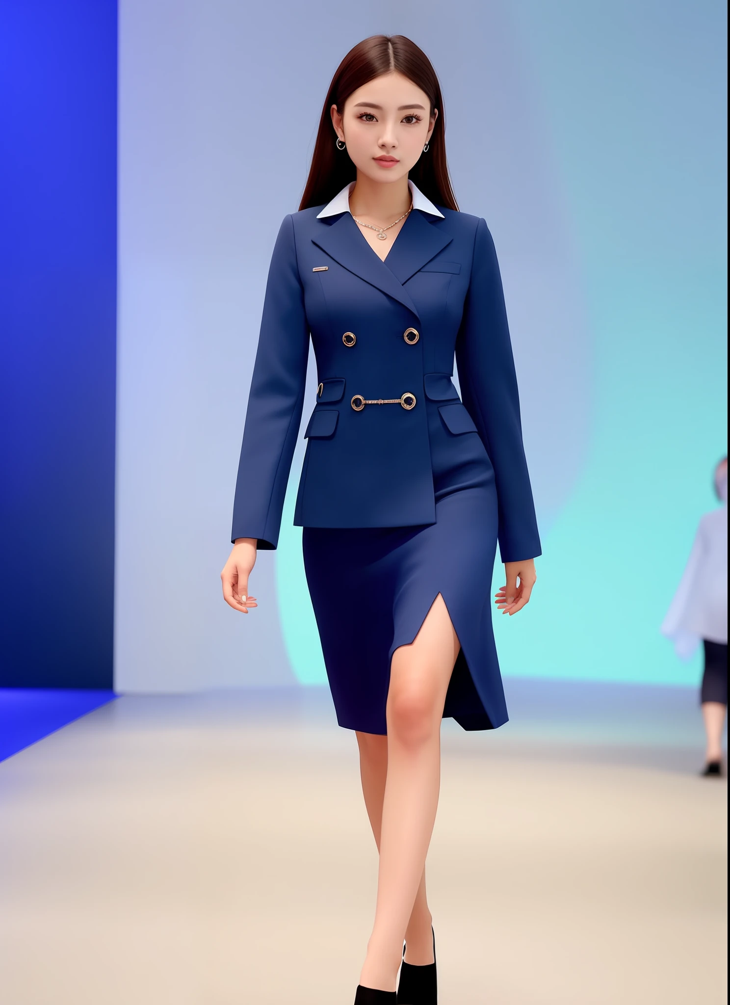 Dignified personality, European style, office industry, formal occasions, professional uniforms, fashionable style, clear lines, blue background, simple atmosphere, require a full set of effects, use more suitable models to show, walking on the catwalk, catwalk walking, stage walking, the front can see the overall effect, the customer wants the overall effect, the customer requires the front, the overall effect can be seen clearly, can see the style at a glance,