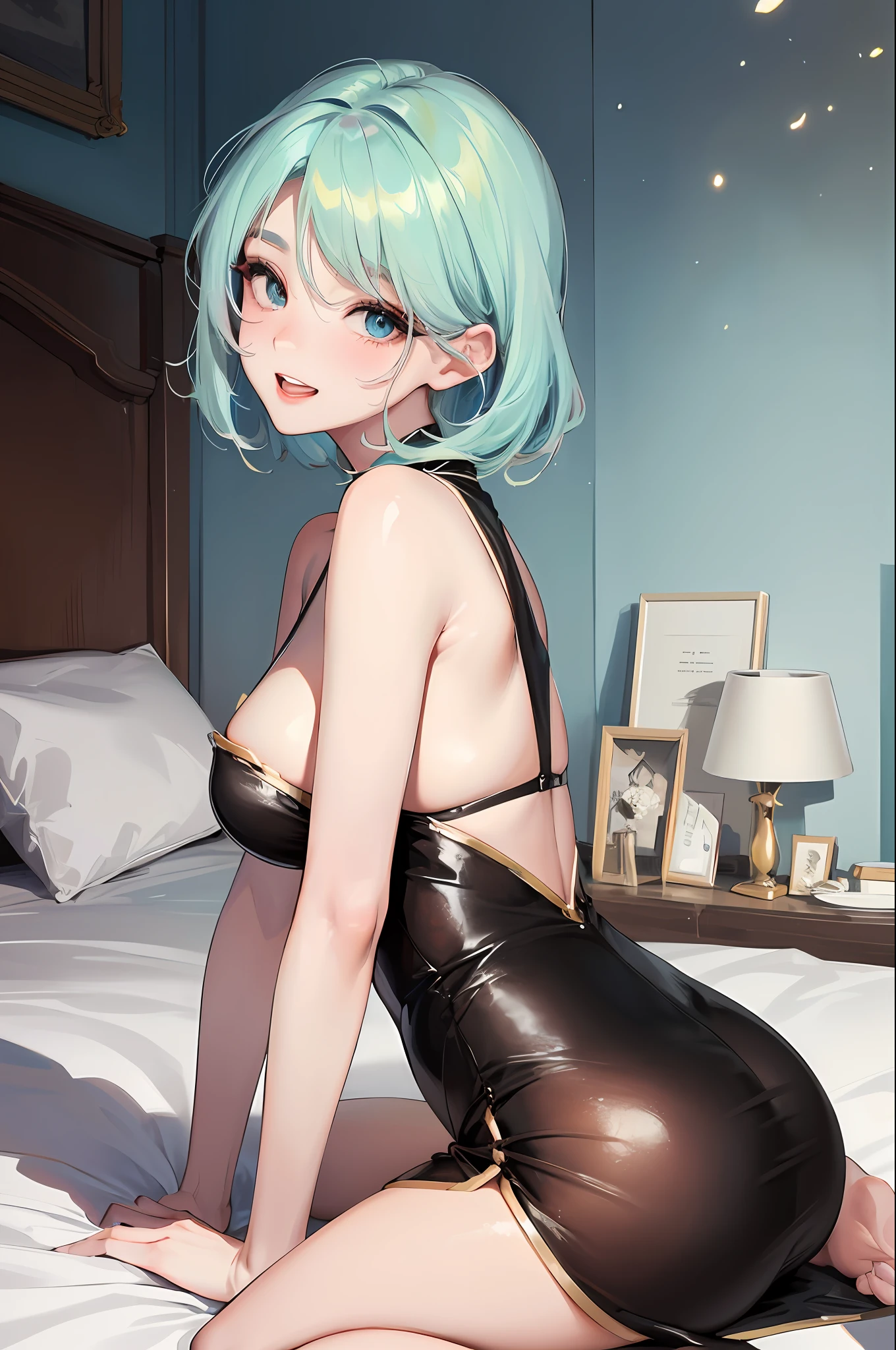 1 Girl,Solo,Masterpiece, Sharp Focus, (Beautiful Gorgeous Cute Korean Woman:1.3), (Beautiful Cute Korean Woman:1.3), Korean Beauty, Delicate and Beautiful Hair and Eyes and Face, Realistic, Ultra Detailed, Beautiful Girl, Glow White Particles, (Side Light:1.2), Full Body, Slender, Colossal,Big and Big Ass, Show Your Teeth and Laugh, ((Laugh with Your Eyes, Open Both Eyes)), short straight hair, sexy look, dynamic hair, detailed platinum mint green hair, shining blue eyes, black china clothes, sitting on bed