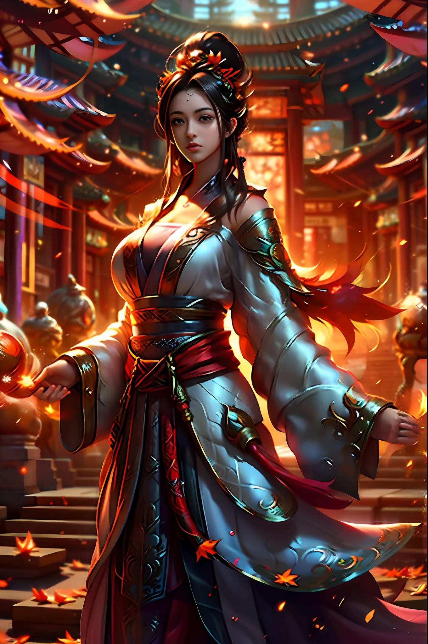Official Art, Unity 8k wallpaper, ultra-detailed, beautiful, beautiful, masterpiece, best quality, mystery, romanticism, horror, literature, art, fashion, tang dynasty era, decoration, intricate, embroidery, red hanfu, red tulle jacket, 1 girl, big breasts, black hair, red headband, red hairpin, sad, fatalistic, bust composition, dramatic composition, movie lighting, dynamic perspective, sexy, bare thighs, bare shoulders, full of temptation, red maple forest, maple leaves falling, Red maple background, cloudy mist, dramatic composition,