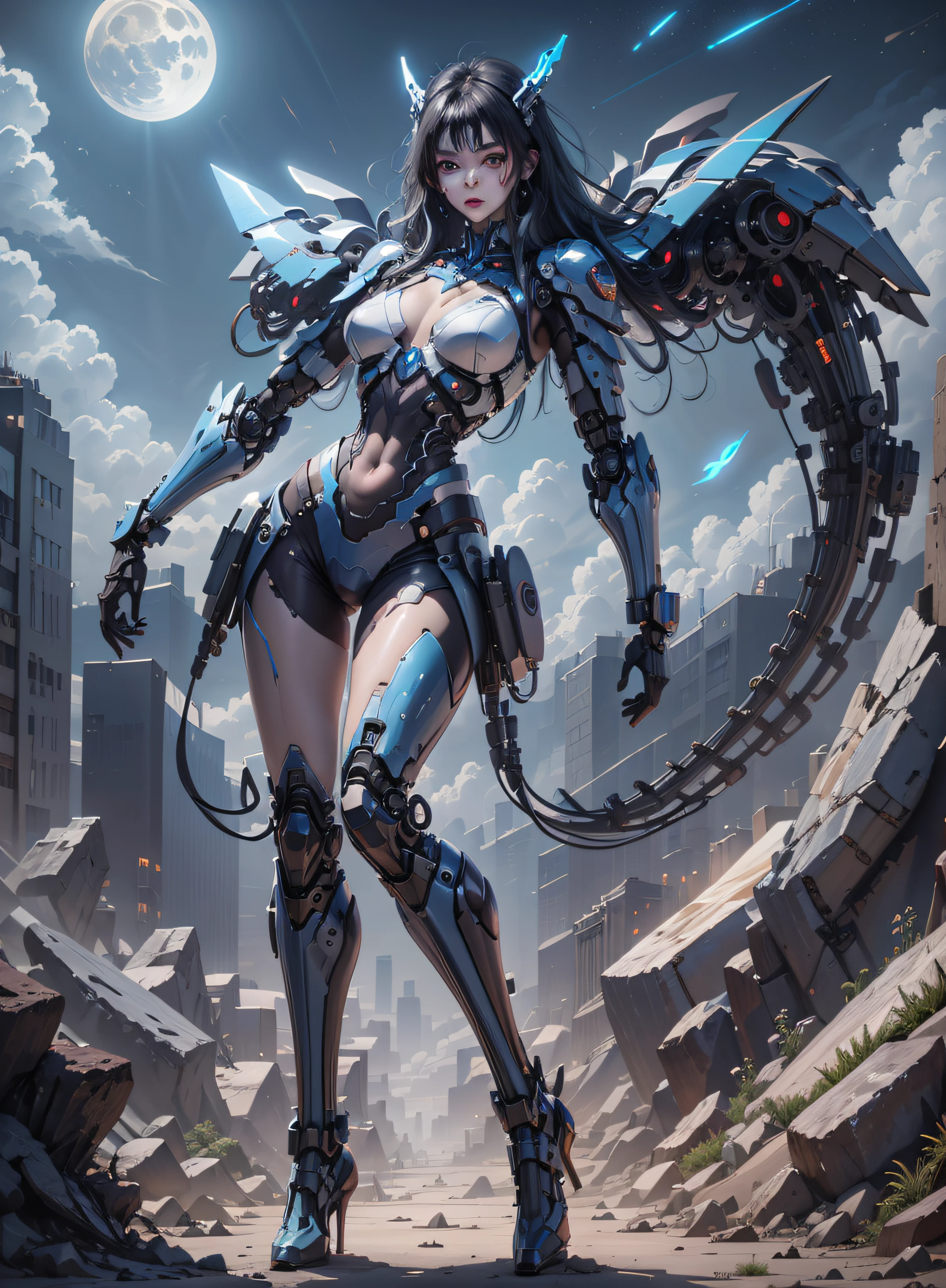 High definition (8k), Beautiful woman detailed defined body, bluish black hair, sexy full body pose wearing conan the barbarian cosplay, medium breasts, high tech blue uniform, cyberpunk, futuristic, scenery with night sky with clouds, moon,