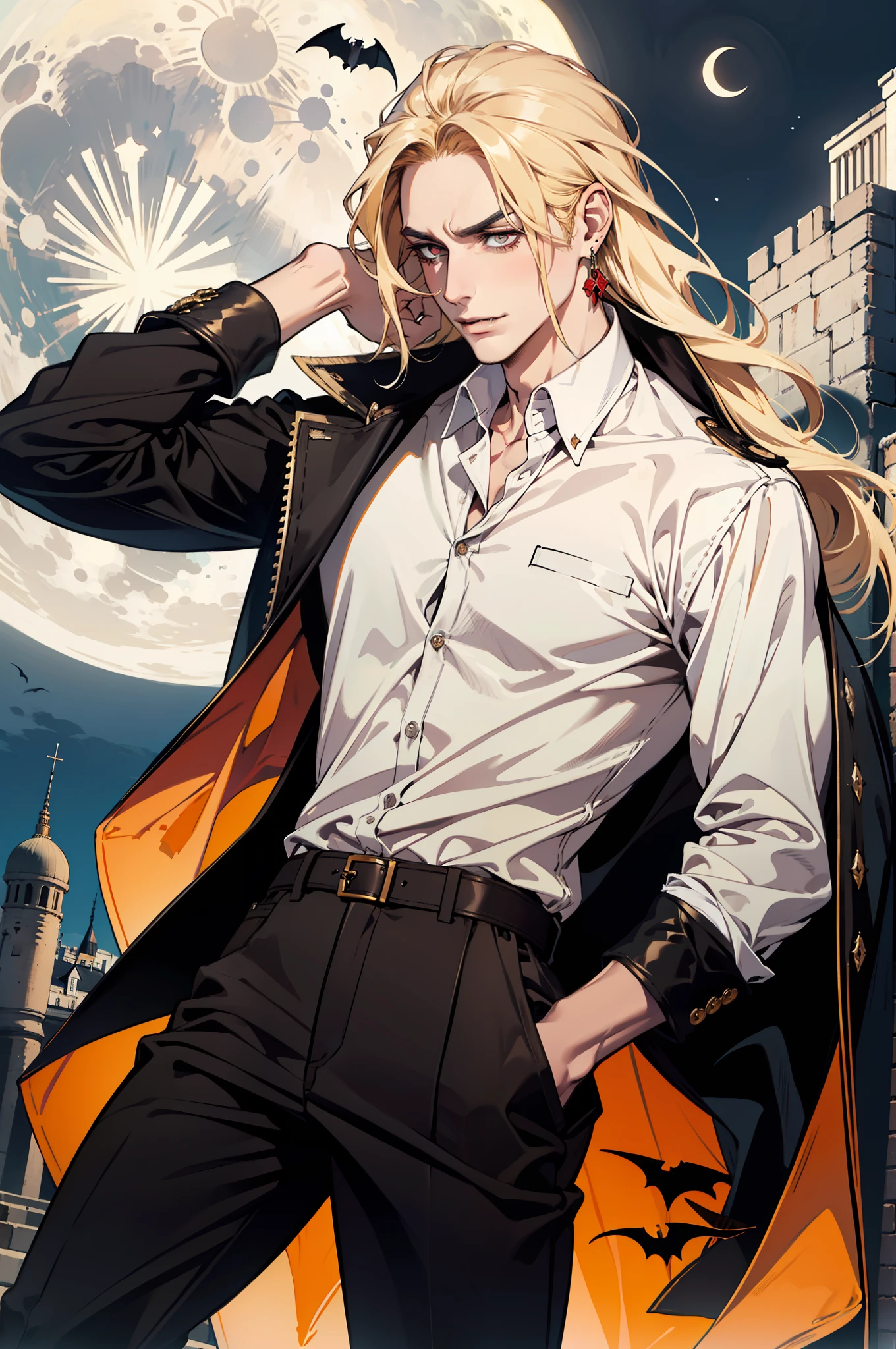 (absurdres, highres, ultra detailed), 1man, 30 years old man, adult man, handsome, tall,, finely detailed eyes and detailed face, brown leather pants, white shirt, night, smile, dutch angle, ((long hair, blonde hair)), moon, gold details, earrings, gothic, vampire, vampire prince, dark, simple clothes, looking at the view, pale skin, red detailed eyes, (masculine), sexy, elegant, long bangs, (angry)