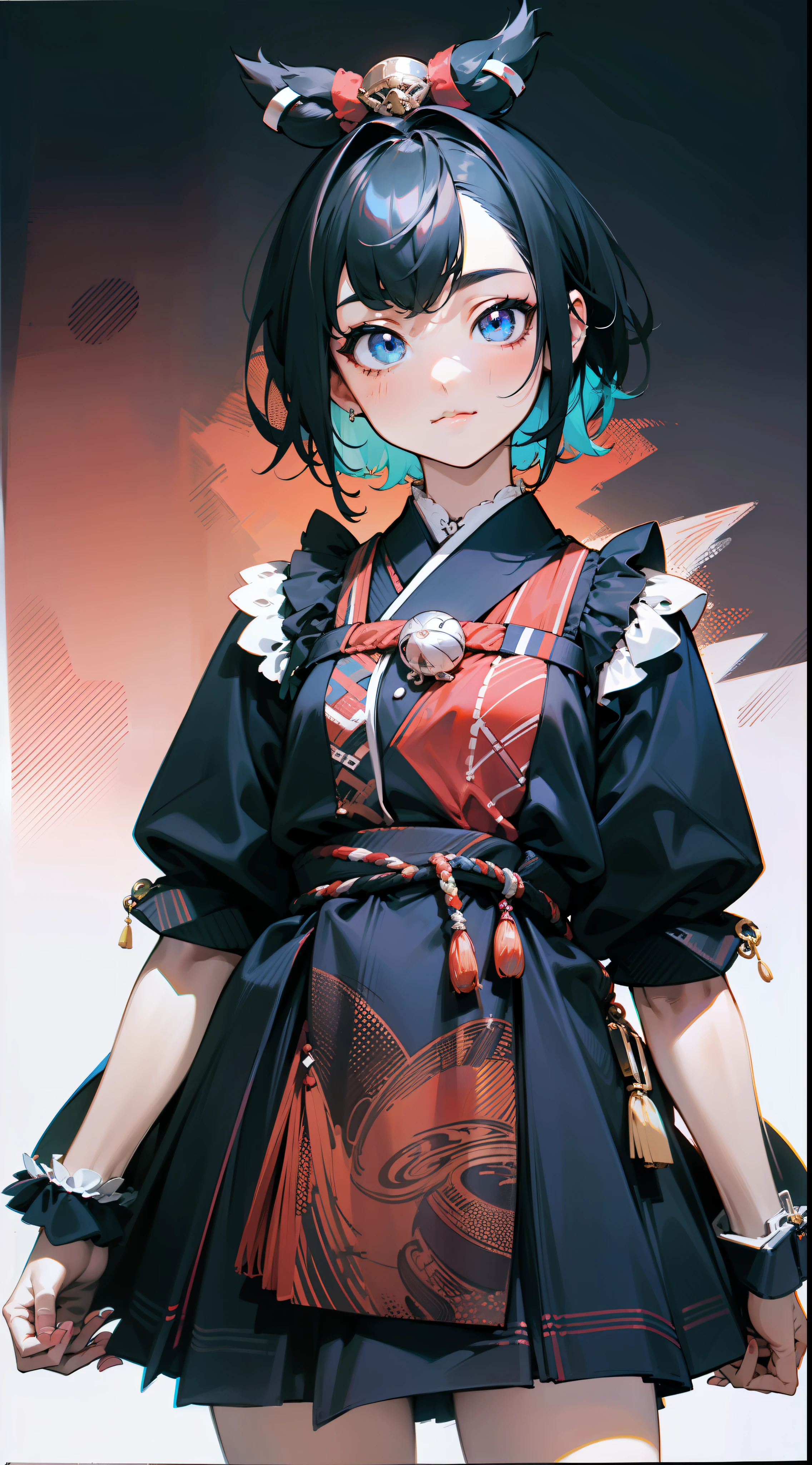 Absurdity, Hi-Res, Super Detail, 1 Girl, Solo, Standing, Cartoon "Guess Child" Style, Dress Like a Japan Idol, Extreme Detail Eyes, (Official Art, Beautiful and Aesthetic: 1.2), (1 Girl), Extreme Detail, (Fractal Art: 1.3), Colorful, Supreme Detail, Dark Shorthair, Short Hair, Odd Eye (Left eye is blue, right eye is red)