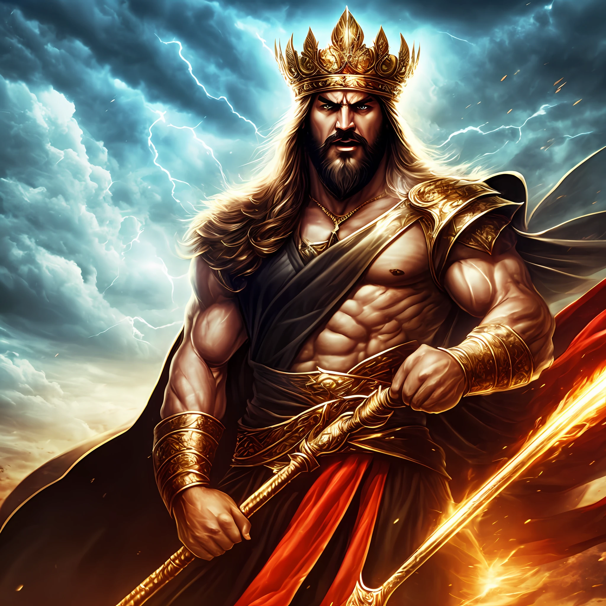 A man like Persian king Darius the Great, long black beard like Achaemenid Persian, Very long beards, angry, real quality like game, 4k, very muscular body, long black hair, two big black wings, iron scepter in hand, angry and angry, like God, like Persian king Darius, his face like super villain , the weather is stormy and rainy, he looks at the sky, high quality --auto