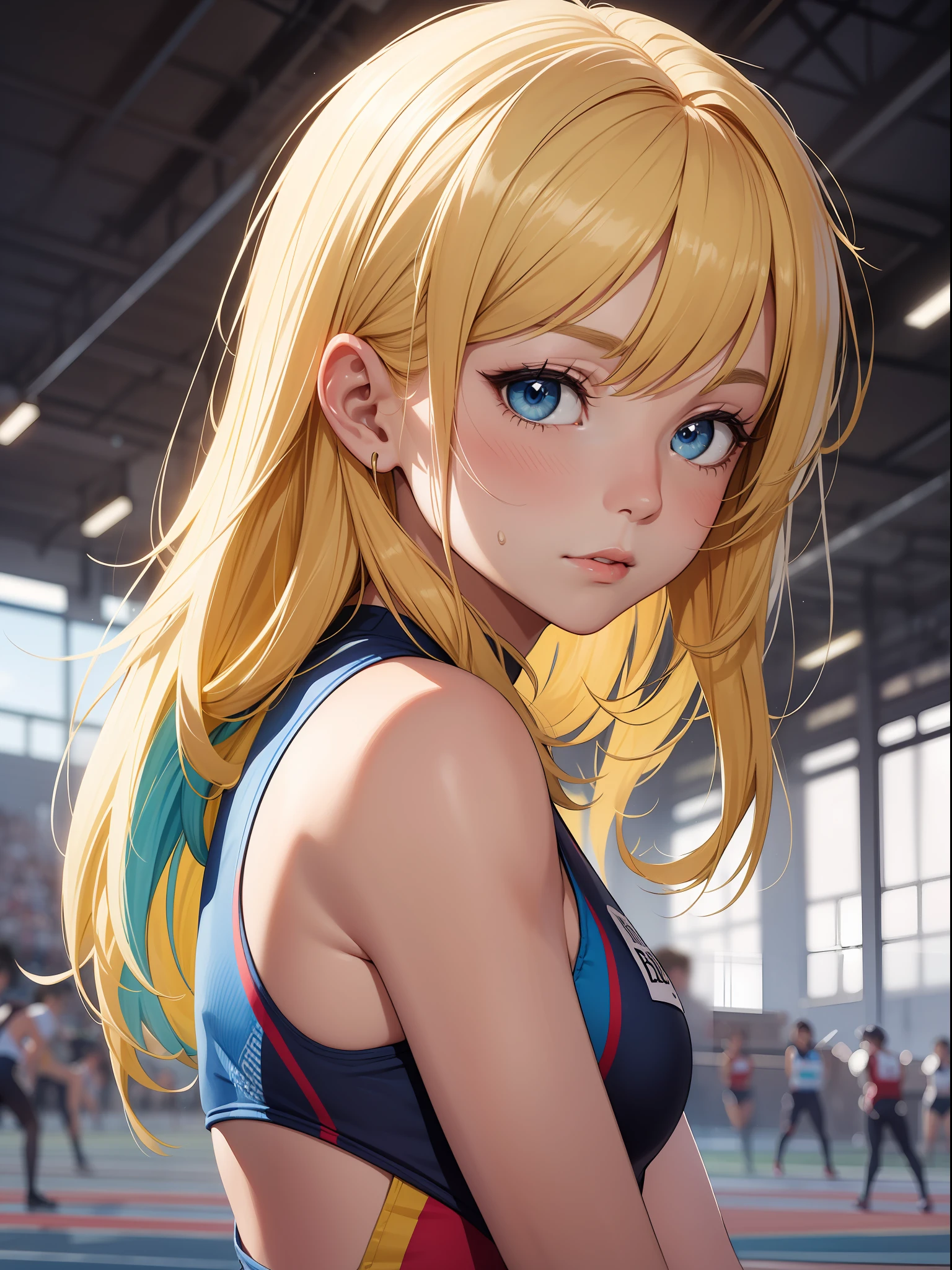 Article, Super Detail, Masterpiece, Top Quality, Break, Official Art, (Beautiful and Aesthetic: 1.2), (Watercolor: Mid), Break, Beautiful Girl, (Cute: 1.3), 18 years old, Break, Colorful Hair, (Yellow and Golden Hair: 1.2), (Fractal Art 1.3), Break, Sexy, Break, 50m Athlete, Track & Field Competition, Close Contact, Glossy Skin, Break, Blue Eyes, Break, Blush, Break, , Small, break, Type A, break, Beautiful, Break, Upper Body, Break,