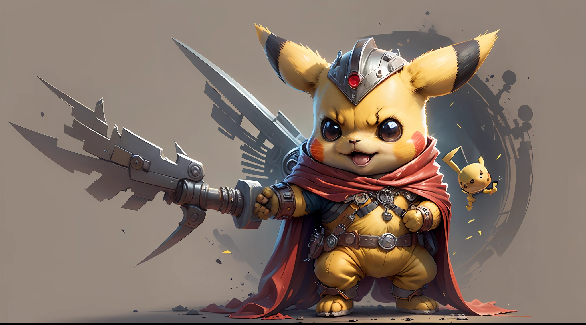 Start with a basic sketch of Pikachu, with a Thor hammer in one hand and wearing a red cape with gold accents. Add some Thor features such as a helmet with wings and boots with metal details to add a more authentic touch to the character. To give Pikachu a fluffy touch, overdo the dimensions of his head and ears and add rosy cheeks. Use vibrant, cheerful colors to bring your drawing to life, with shadows and highlights that create depth and texture. Add a simple background. To finish, add some clean and crisp lines that highlight the characteristics of the character and add a more "cartoon" touch to the drawing. The character standing in the right corner of the picture