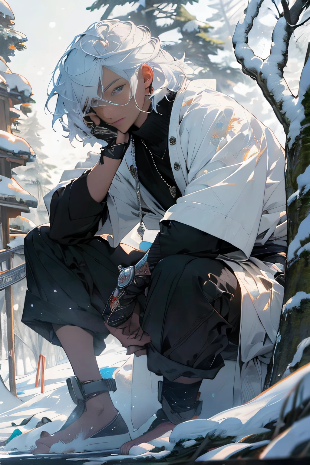 absurd, high resolution, super detailed, official art, unified 8k wallpaper, super detailed, beauty and aesthetics, master masterpiece, best quality, (zen entanglement, ice and snow, tangled, entangled), (fractal art: 1.3), photorealistic painting, (master masterpiece, top quality, best quality, official art, beauty and aesthetics: 1.2), very detailed, fractal art, variegated, most details, zentangle, (abstract background: 1.5) (1 boy: 1.3), long white hair, white robe, gods, (glowing blue eyes), mysterious, (magic), (sitting on a tree)), ice and snow