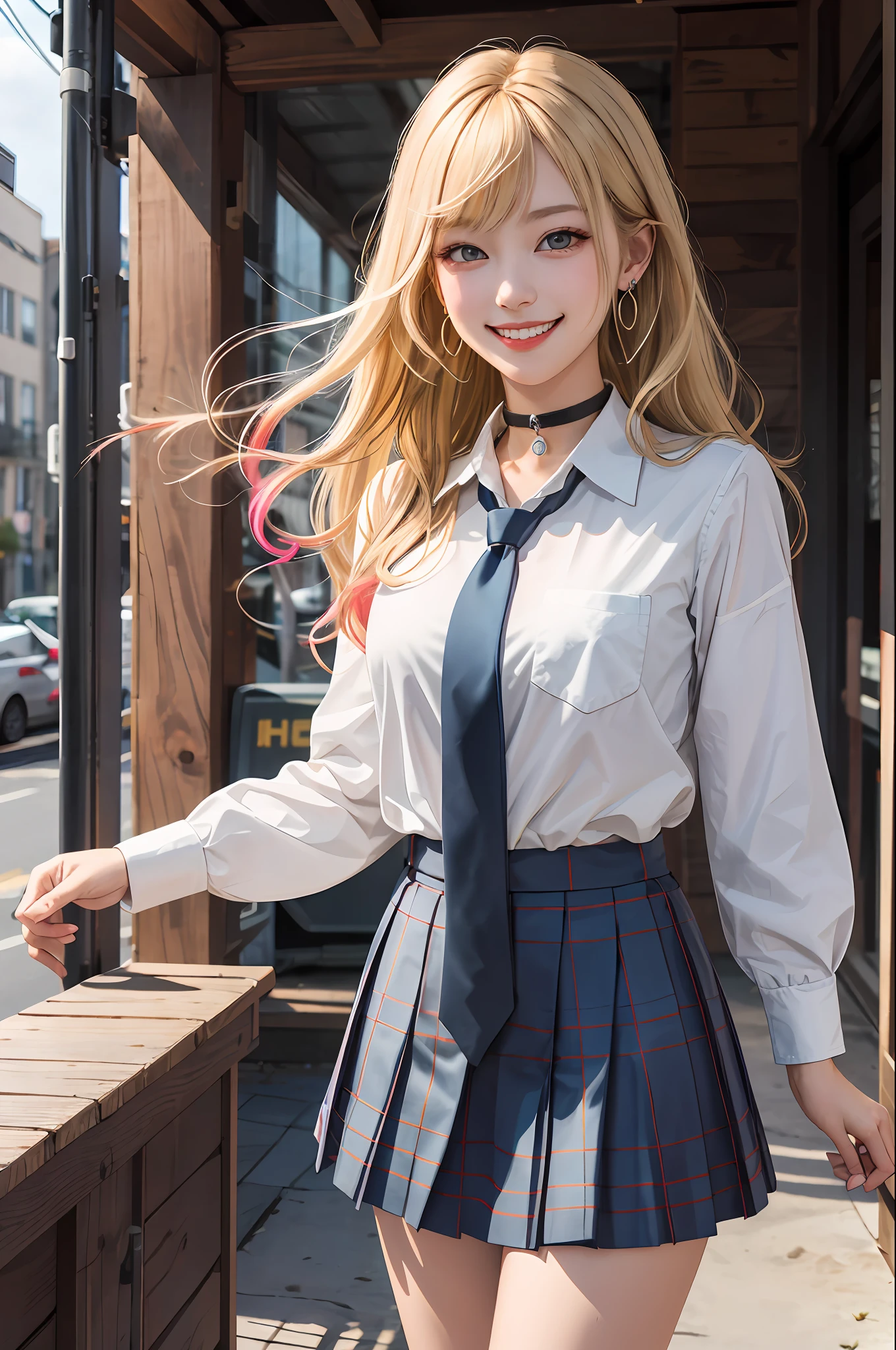 masterpiece, best quality, highres, kitagawa marin, 1girl, blonde hair, long hair, multicolored hair, red eyes, jewelry, earrings, piercing, school uniform, white shirt, tied shirt, black choker, blue necktie, plaid skirt, grin, standing, cowboy shot, outdoors,