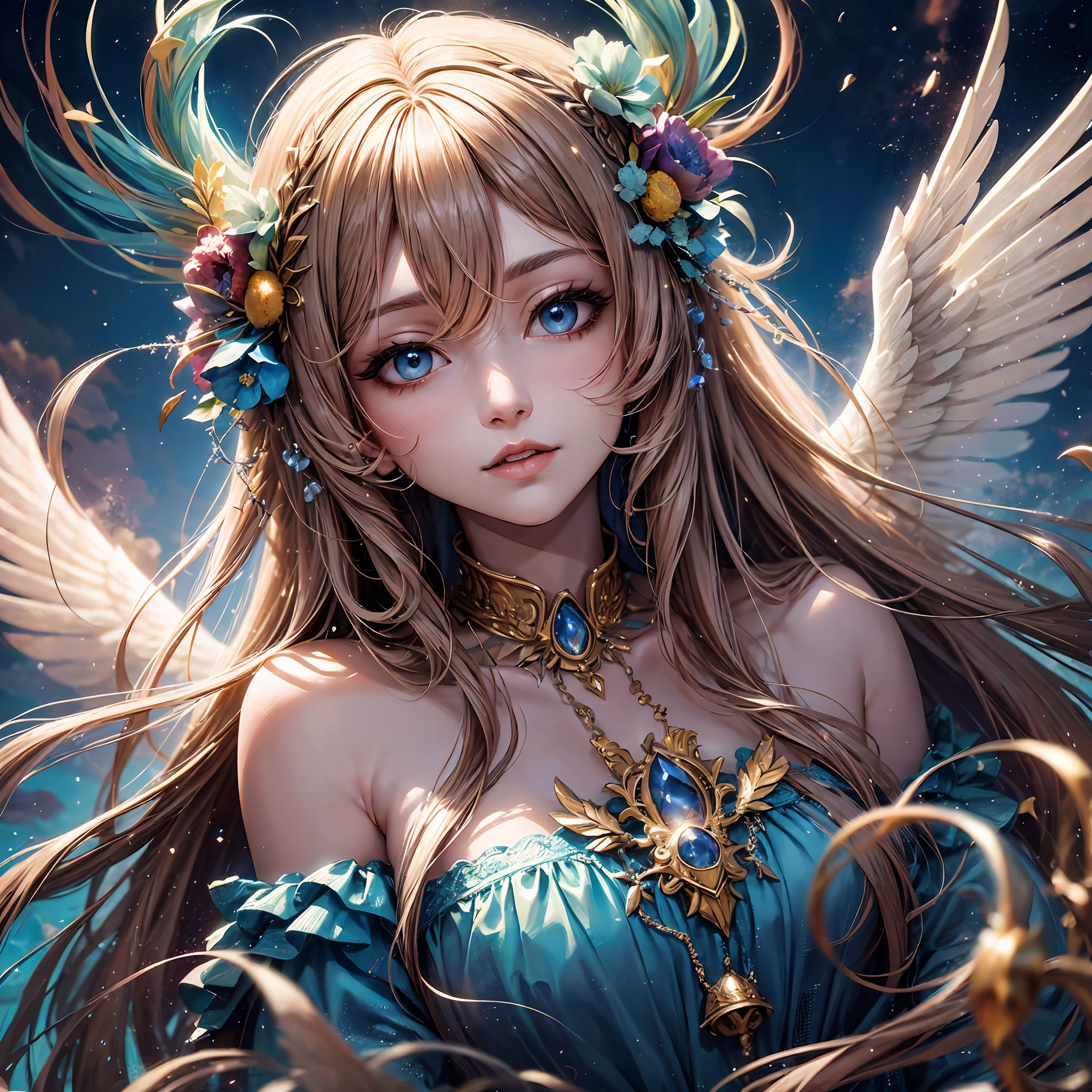 "Generate a stunning image that depicts an anime character with long blonde hair, white angelic wings, and expressive eyes. She is immersed in a heavenly setting, surrounded by fluffy clouds and rays of divine light. His presence emanates an aura of peace and serenity as his wings extend majestically out. In the background, the resplendent blue sky highlights his heavenly nature. An image that captures the essence and transcendental beauty of an angel, evoking a sense of enchantment and inspiration, backlighting, reflection light, god rays, blurry, cinematic lighting, motion blur, masterpiece, best quality, masterpiece, super detail, high quality, best quality, 16k, HD, high details