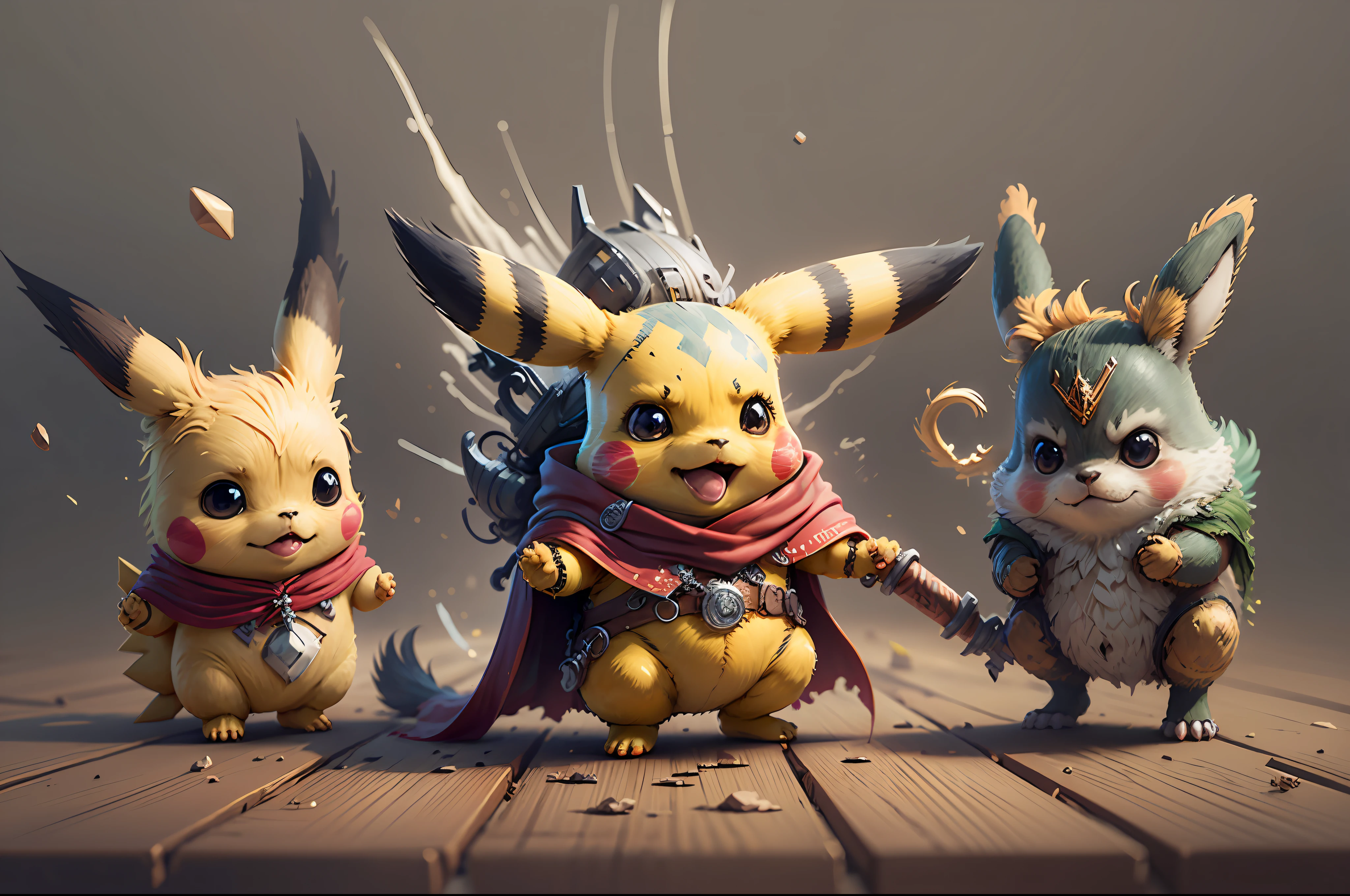 Start with a basic sketch of Pikachu, with a Thor hammer in one hand and wearing a red cape with gold accents. Add some Thor features such as a helmet with wings and boots with metal details to add a more authentic touch to the character. To give Pikachu a fluffy touch, overdo the dimensions of his head and ears and add rosy cheeks. Use vibrant, cheerful colors to bring your drawing to life, with shadows and highlights that create depth and texture. Add a simple background. To finish, add some clean and crisp lines that highlight the characteristics of the character and add a more "cartoon" touch to the drawing.