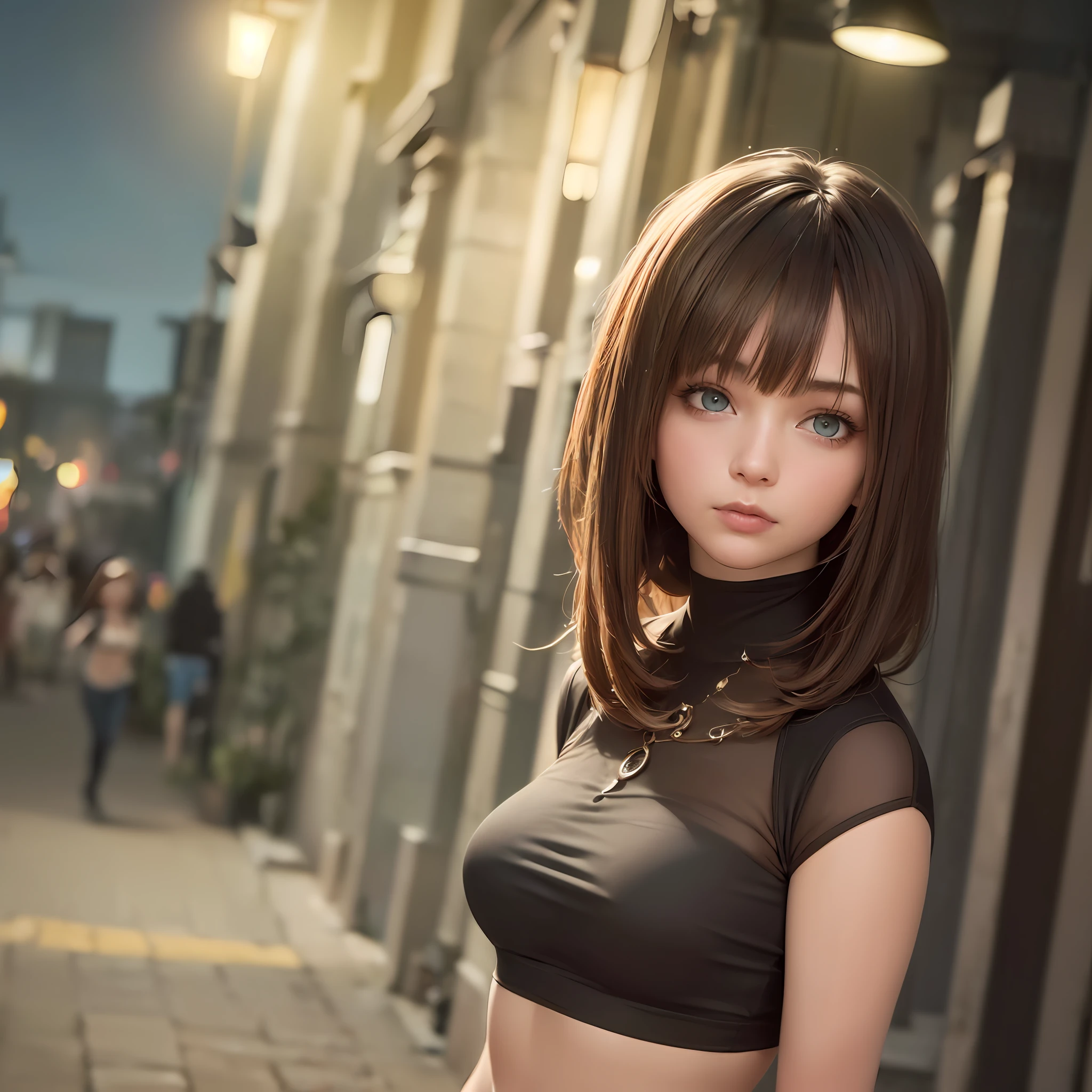 ((Realistic lighting, top quality, 8K, Masterpiece: 1.3)), Clear Focus: 1.2, 1 girl, Perfect figure: 1.4, (((Dark Brown hair)), (White Crop Top: 1.4), (Outdoor, Night: 1.1), Street, Ultra Slender Face, Narrow Eyes, Double Eyelids, --auto