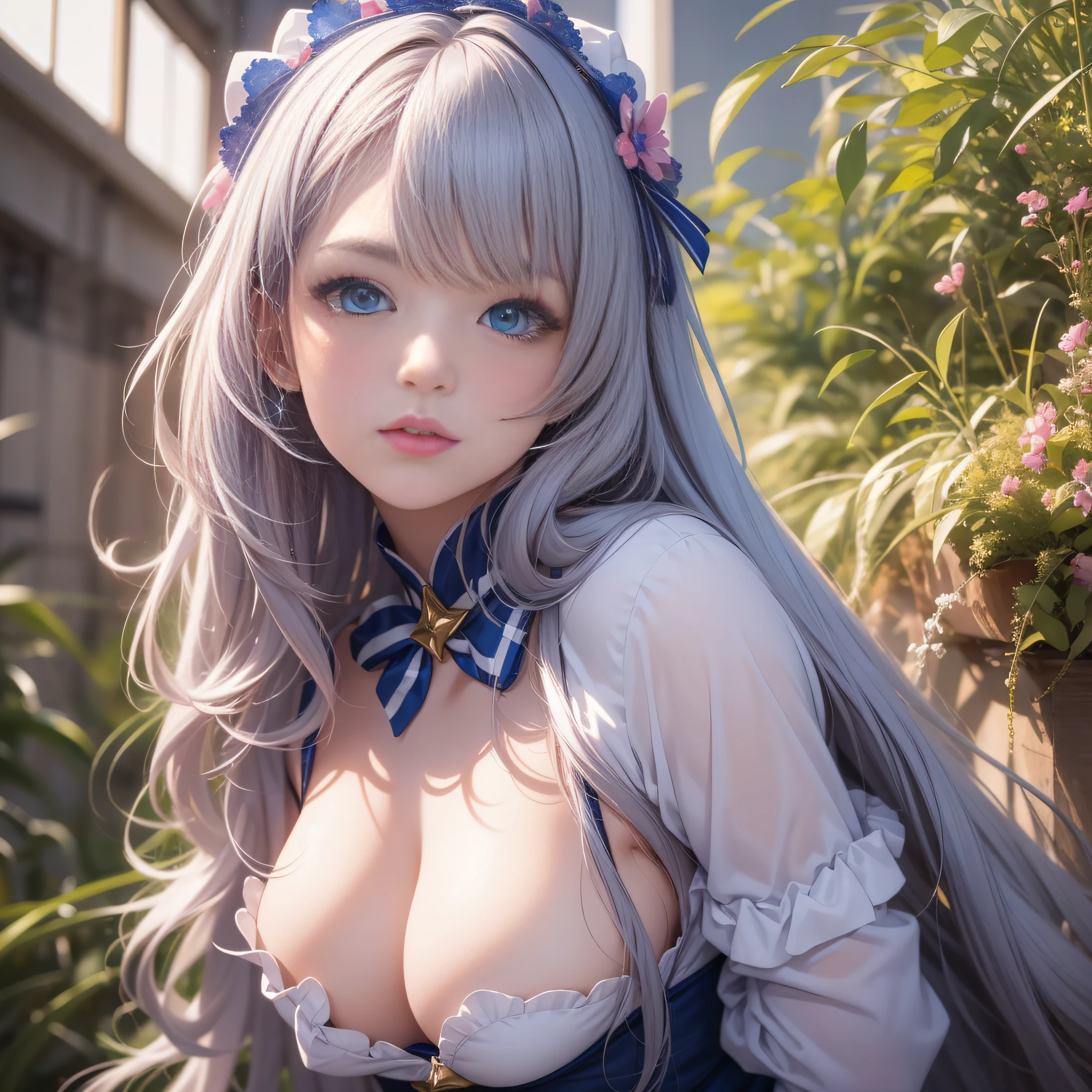 Cosplay beautiful girl, ((masterpiece: 1.4, best quality: 1.2)), ultra-realistic, blue eyes, long hair, pink and white costume, in school art room, background lighting, staring at me shyly