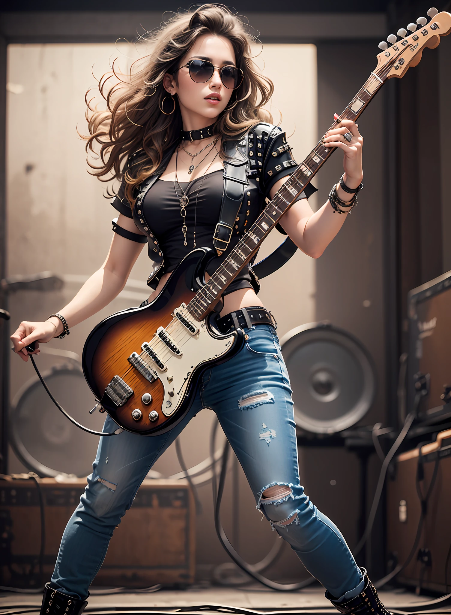 80s European Woman Metal Singer, black hair, blonde hair, sunglasses, dark jeans, rivets, pants, belts, chains, plays white and black guitar. full body.