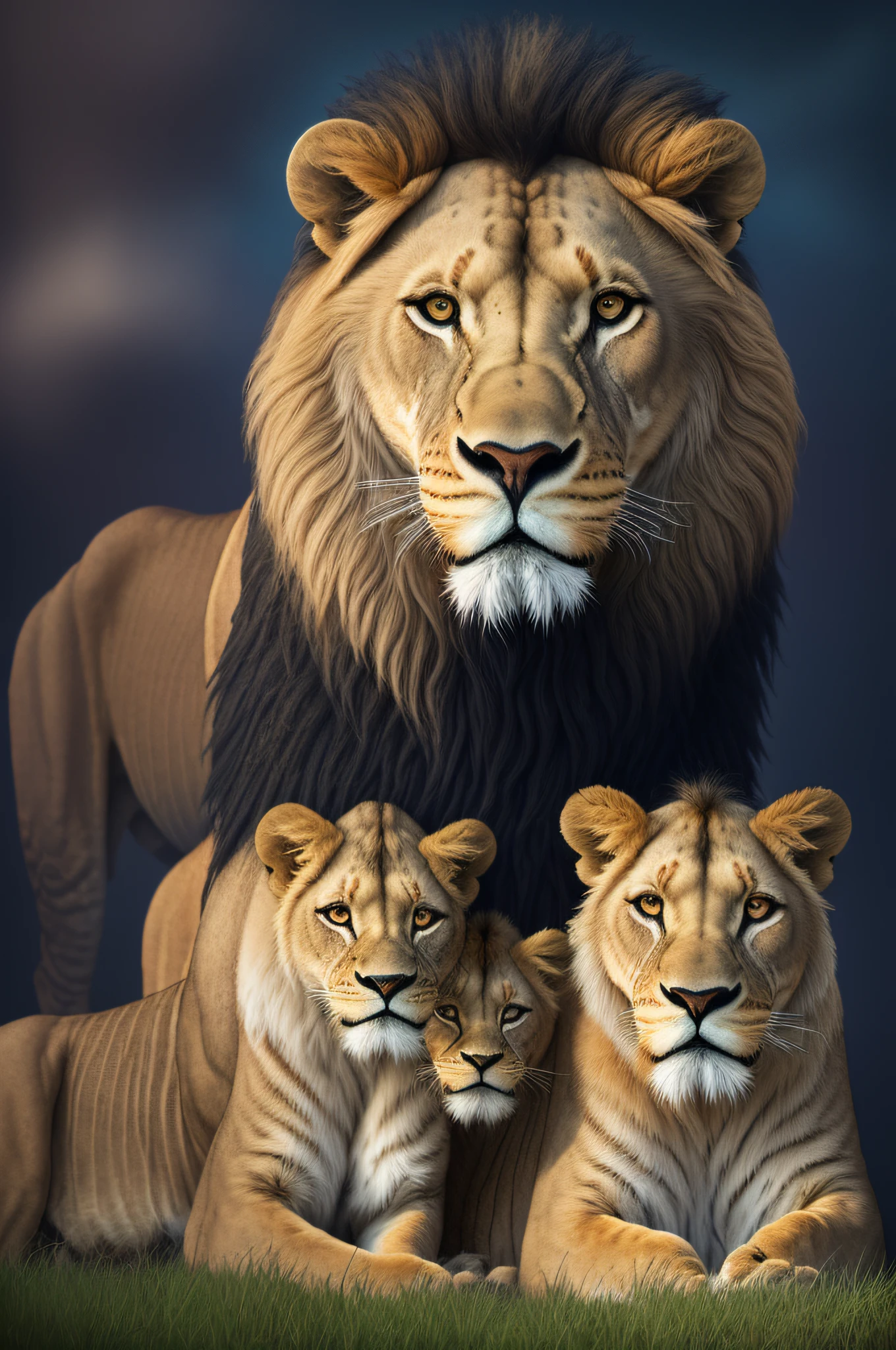 An oil painting of , a lion with a lioness and her family of four cubs in front of a vibrant, epic, hdr, hyper-detailed, cinematic, soft colors, foggy, hyper realistic bg painting