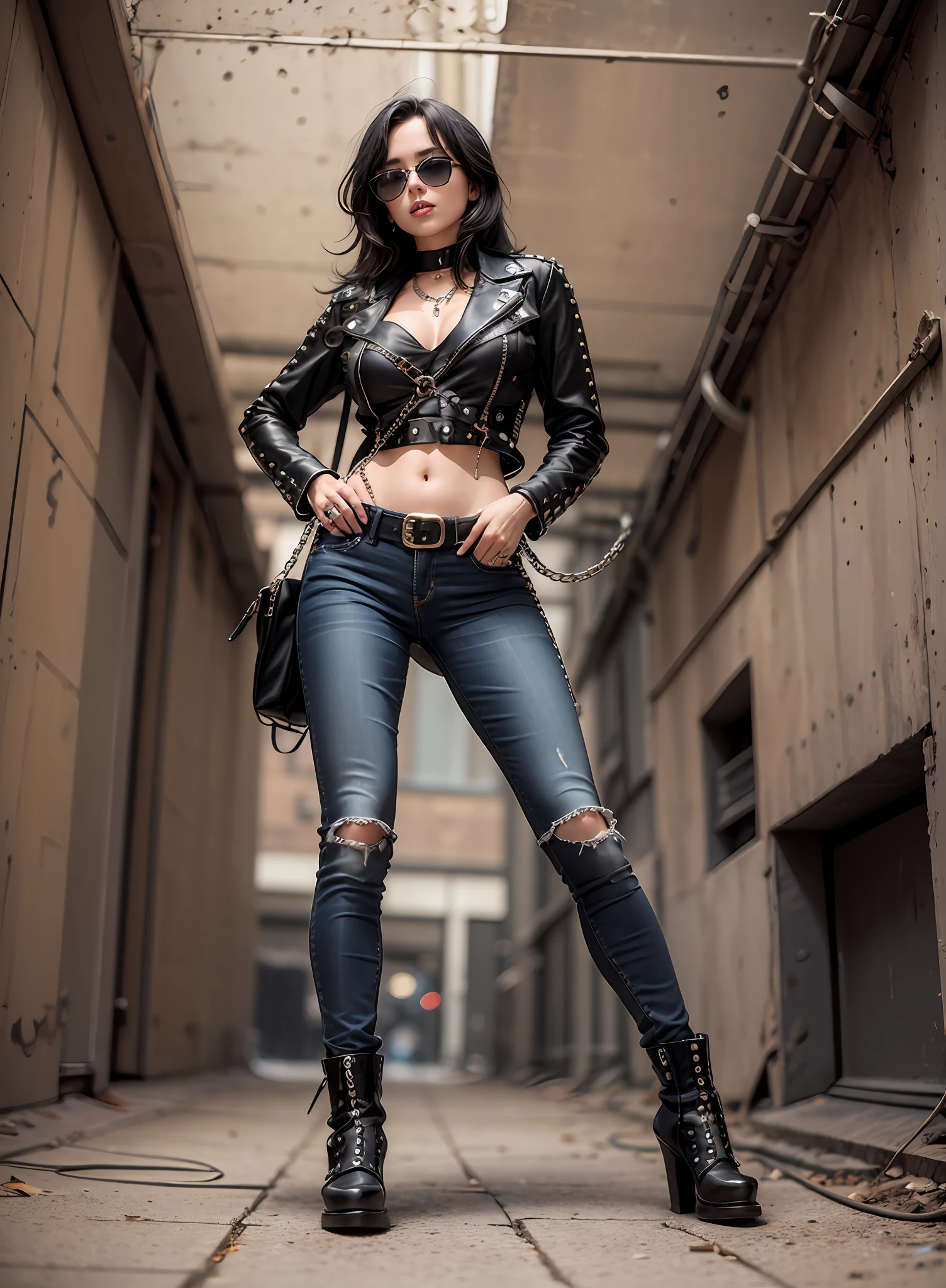 80s European Woman Metal Singer, black hair, blonde hair, sunglasses, dark jeans, rivets, pants, belts, chains, plays white and black guitar. full body.