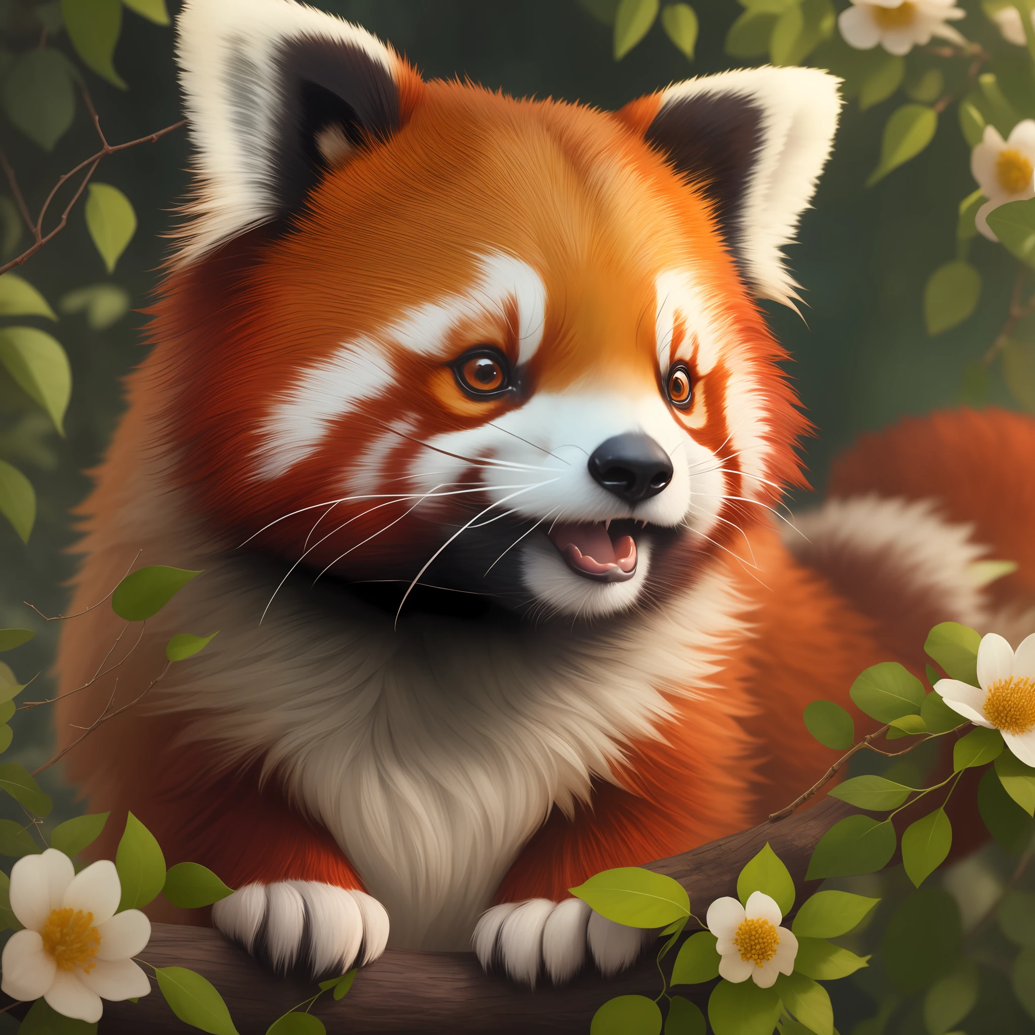 A majestic red panda with a lovely face on a flowered tree in very High quality and very detailed, dark background, vibrant details, artstation, hyperdetailed, 8k, beautiful lighting, artstation, 8k resolution