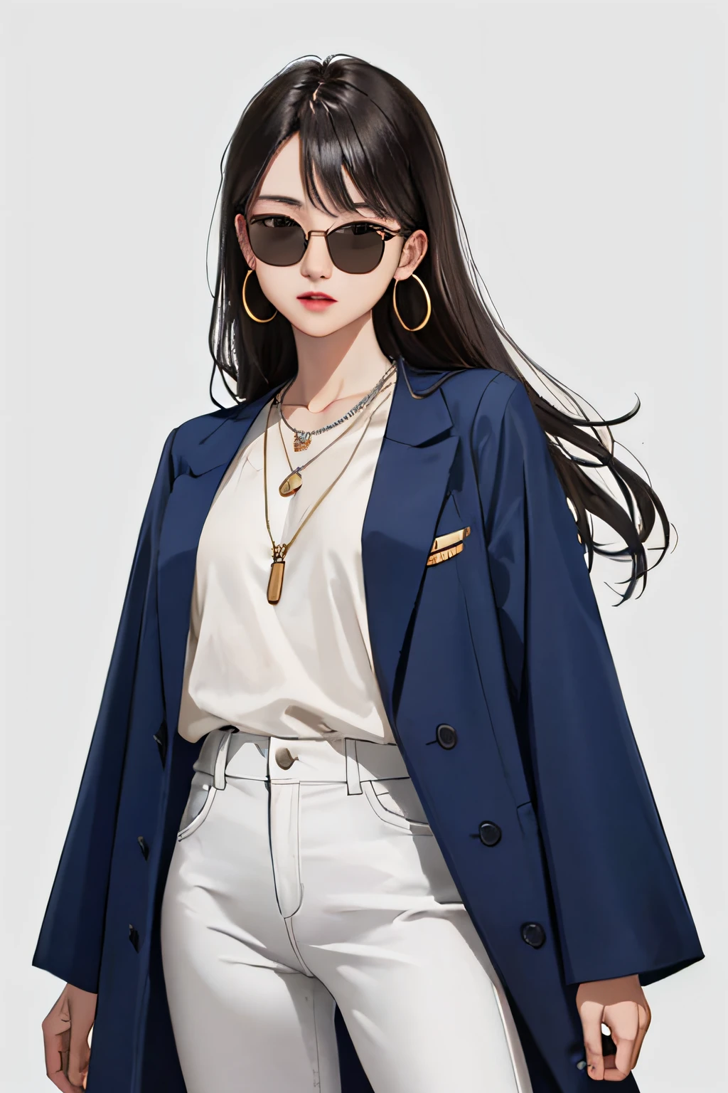 Woman posing for photo in white shirt and blue pants, long shirt, JK uniform, Korean female fashion model, loose coat collar sailor uniform, bust, oversized sunglasses, simple hoop earrings, shell necklace