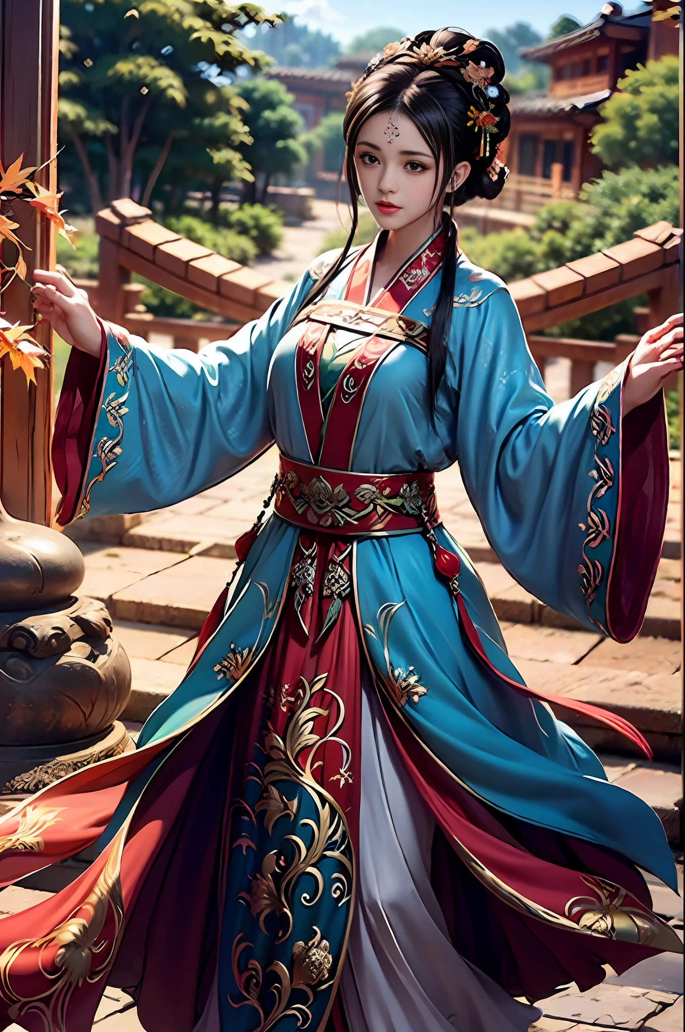 Official Art, Unity 8k wallpaper, super detailed, beautiful, beautiful, masterpiece, best quality, mystery, romanticism, horror, literature, art, fashion, Tang dynasty era, decoration, intricate, embroidery, red hanfu, red tulle coat, 1 girl, black hair, red headband, red hairpin, sad, fatalistic, bust composition, dramatic composition, movie lighting, dynamic perspective, sexy, nudity, full of temptation, red maple forest, maple leaves falling, red maple background, cloudy fog, dramatic composition,