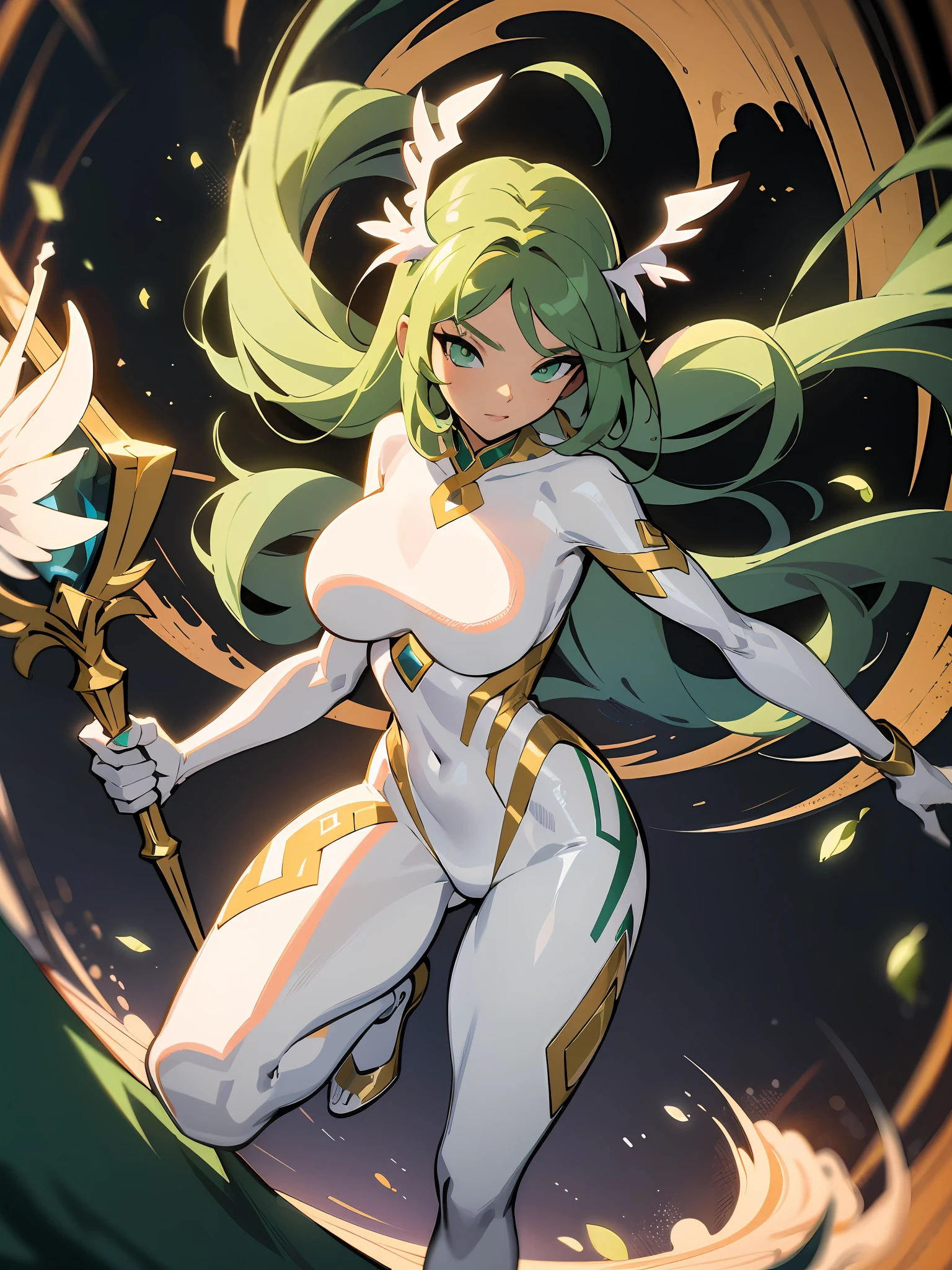 1girl, (solo:1.1),((Masterpiece)), very detailed, tan lines, dark skin, (big breasts), sexy body shape, slender body shape, Phoenix background, green hairs, curved hips, green eyes, white leggings, white and green bodysuit, white swimsuit, glowing effect, priest, healer, fantasy, gold ornament, full body view, beautiful toes, dynamic pose,ningguangdef, dynamic angle, walking, magical weapon in hand, high quality eyes, intense look