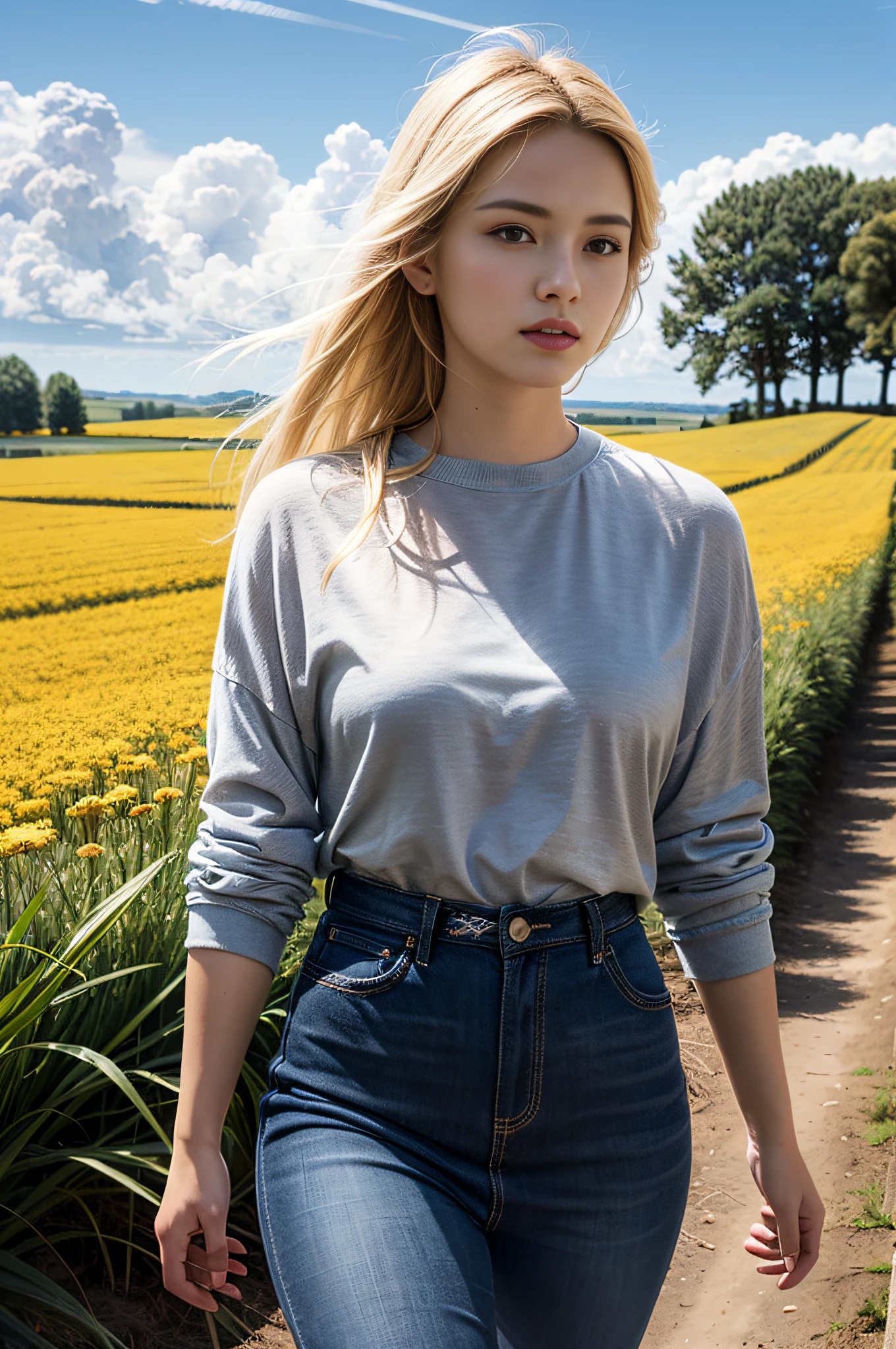 (realistic:1.3), finely detailed, quality, rembrandt lighting, (masterpiece:1.2), (photorealistic:1.2), (best quality), (detailed skin:1.3), (intricate details), dramatic, ray tracing, 1girl, american white girl, blonde hair, 21 years old, medium breasts, (Meadow, Sun, Clouds, Field, Farming, Starlight, Walking trail)