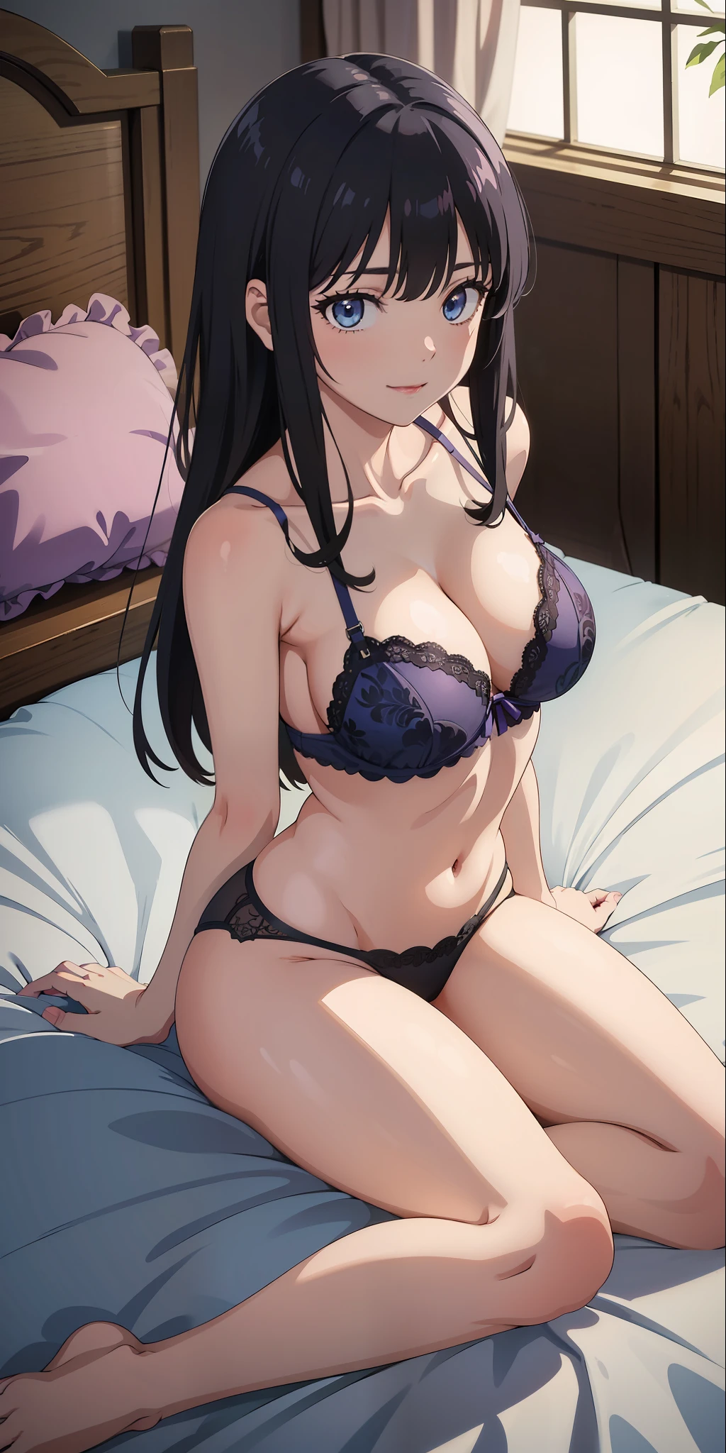 Masterpiece, superior quality, high resolution, solo, large breasts, light blue eyes and straight black hair, bangs on the forehead, indoors, purple lingerie, (reaching: 1.2), lying, from above, arms open, smile, bed, shaggy underwear, embarrassed expression, beautiful, beautiful, sensual, loli