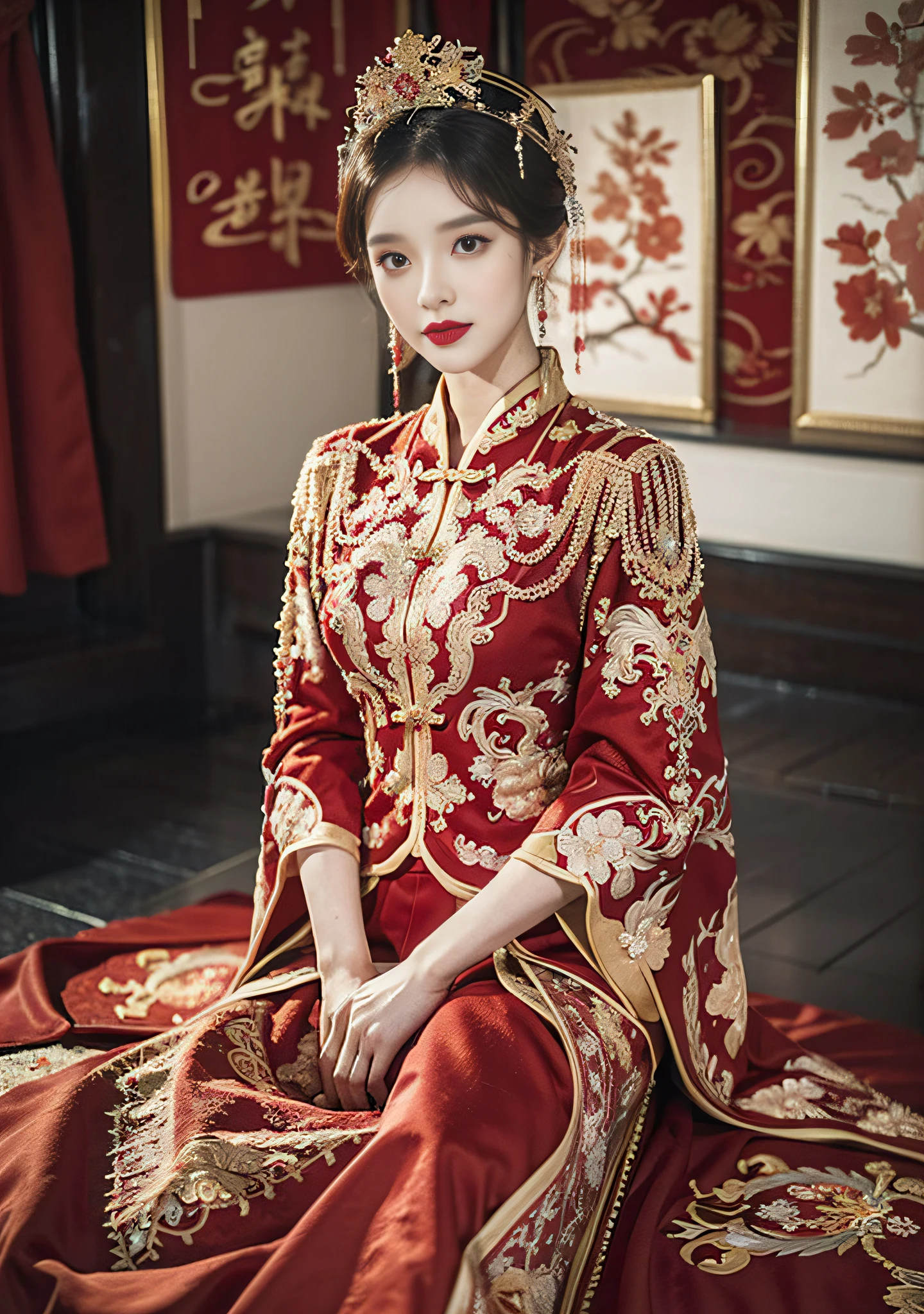 (Ultra-realistic 8k CG: 1.2), perfect artwork, delicate patterns, intricate details, (unparalleled masterpiece, best quality: 1.2), (extremely complex: 1.2), a woman in a red and gold dress, phoenix crown, hair stick, (sitting on a red bed), makeup, blush, shyness, black_hair, looking down, cosmetics, (forehead point), (2 red candles), Chinese_clothes, curtains, earrings, hair_ornament,hanfu, interior, jewelry, red nails, long_sleeves, red dress, red lips, tassels, (red quilt), (red palace: 1.2), (ancient Chinese architecture), (red: 1.8), night