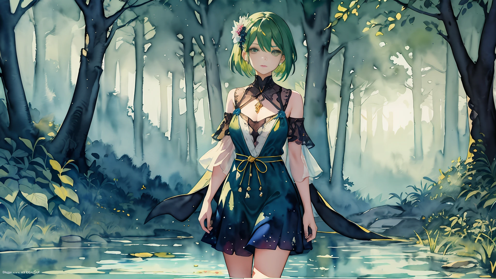 (Best Quality), (Masterpiece:1.2), (Colorful:0.9), (Ink Splash), (Color Splash), ((Watercolor)), Clear Focus, Model Shot, Full Body,
(Summer Portrait Goddess: 1.5), cute look, elegant green hair, beautiful detailed face and eyes, elegant goddess clothes, ((Summer forest background)),
colorful, water, forest, (((watercolor)),--S,-- chaos 50