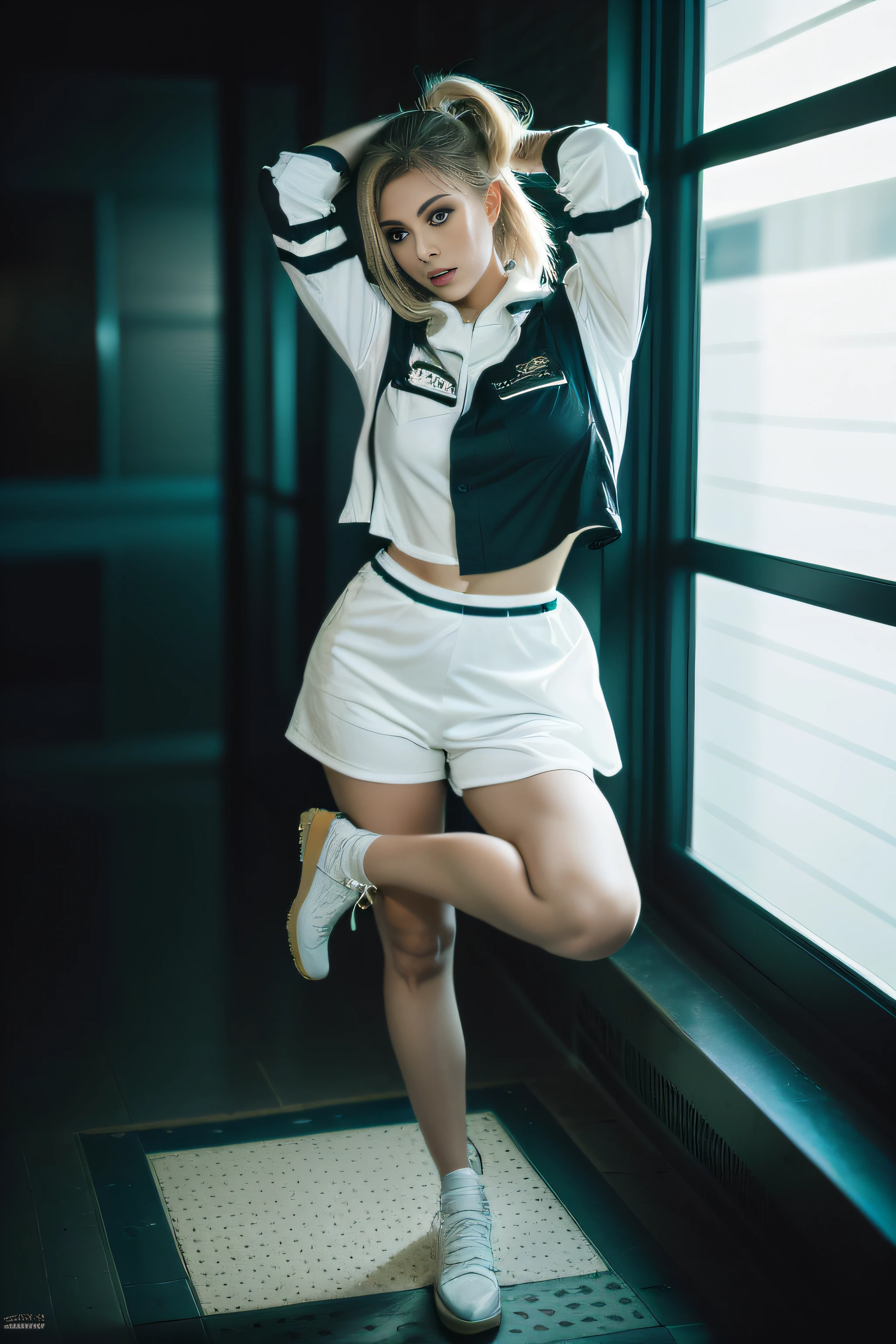 ( (8k:1.27), best quality, masterpiece, ultra highres:1.2) Photo of dark-skinned gyaru (beautiful:1.1) (sci-fi warrior woman:1.1) space soldier, (shortcut:1.61) (white shirt:1.21) intricate elegant, fantasy, detailed, ometric by greg rutkowski and alphonse mucha, gradient lighting