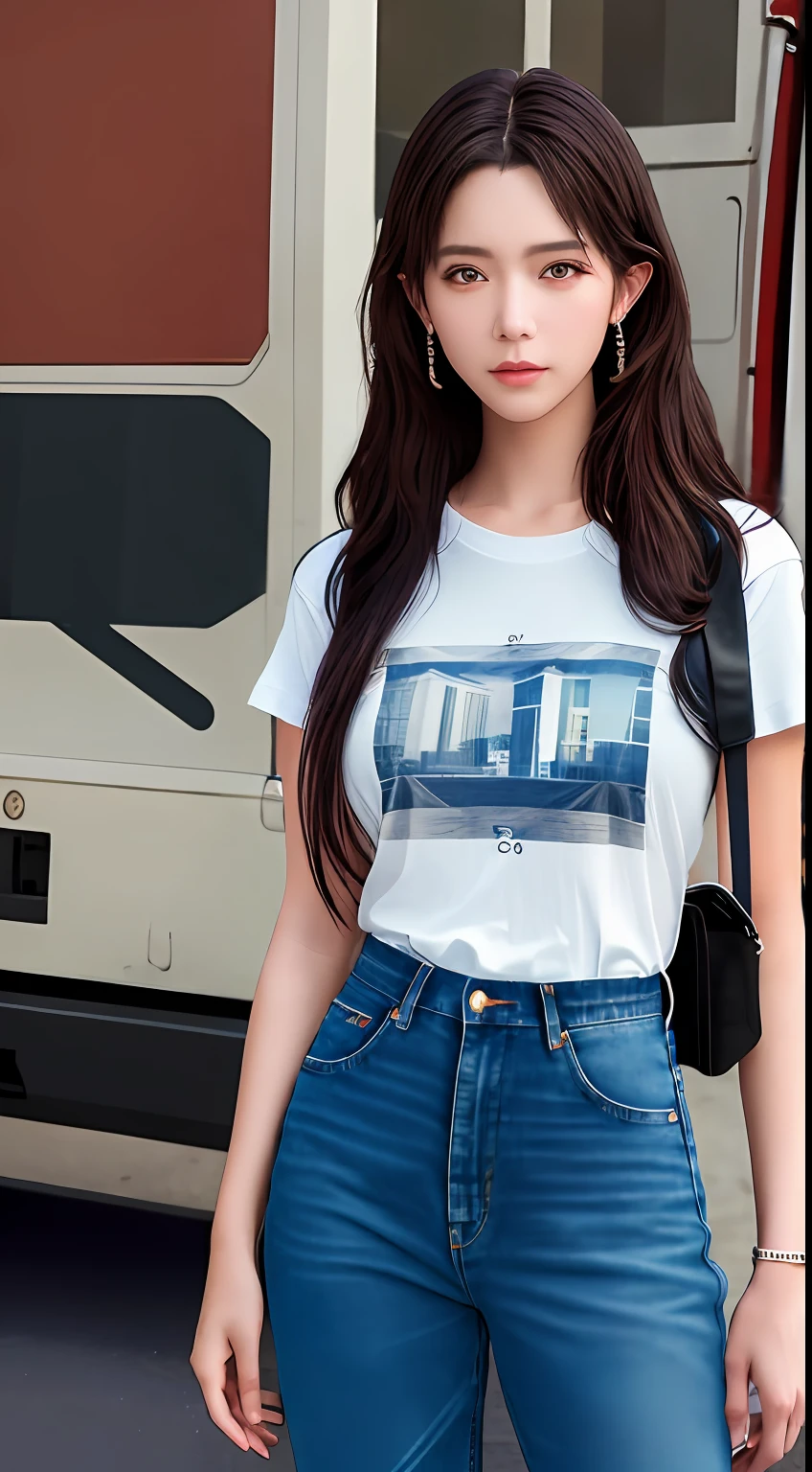 best quality, masterpiece, 1girl, 18years old Beautiful face, (photo realistic:1.3), rim lighting, (high detailed skin:1.2), 8k uhd, dslr, high quality, high resolution, 4k, 8k, Bokeh, absurdres, best ratio four finger and one thumb, (realistic:1.3), cute 1girl, wearing t-shirt and jeans, front view
