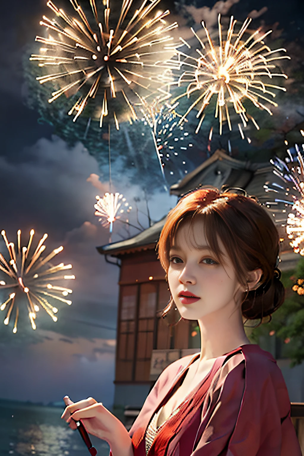 Orange hair, red clothes, lively and warm, playing with fireworks, Japanese girl