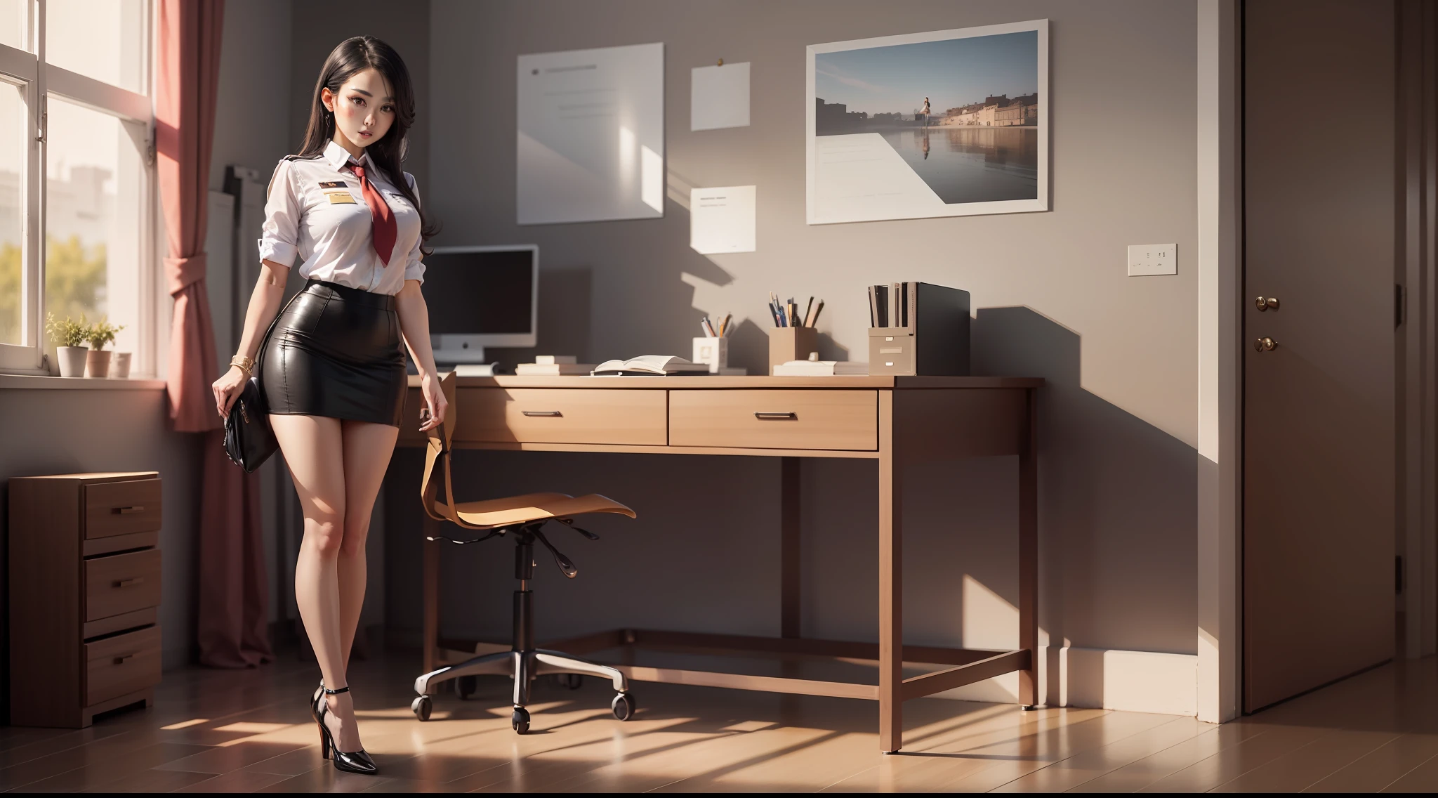 Royal sister in high heels, short skirt, beautiful figure, long legs, office, picture ratio 16:9, uniform, aesthetic
