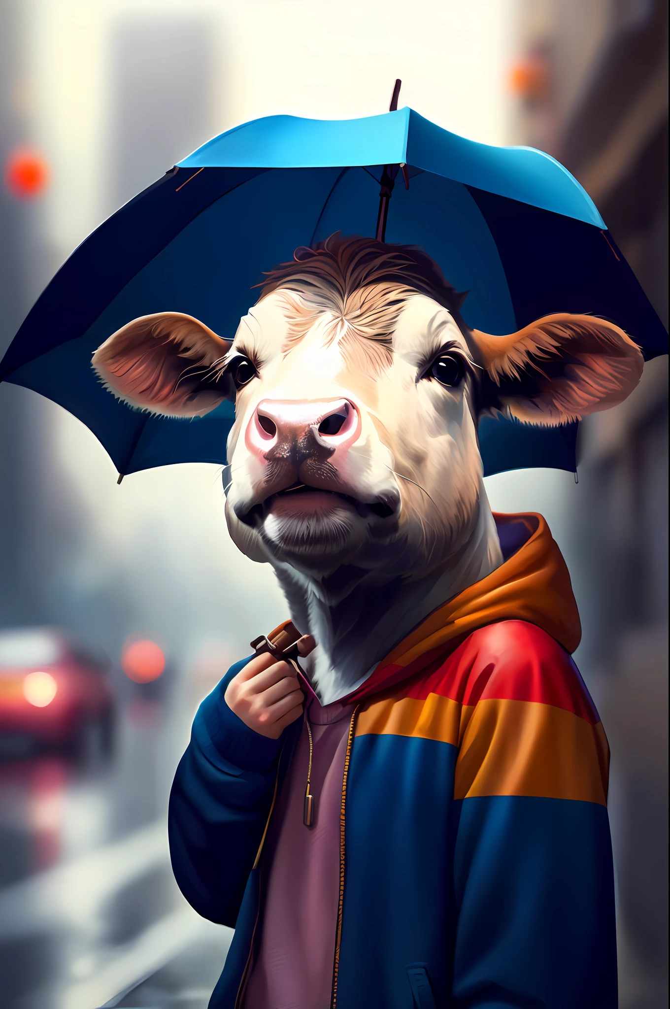 araffe with an umbrella on a city street in the rain, adorable digital painting, wojtek fus, digital art animal photo, stunning digital illustration, cartoon digital painting, hyperrealistic illustration, ultra realistic illustration, realistic illustration, amazing digital art, by Galen Dara, by andrei riabovitchev, beautiful digital artwork, digital cartoon painting art, cow