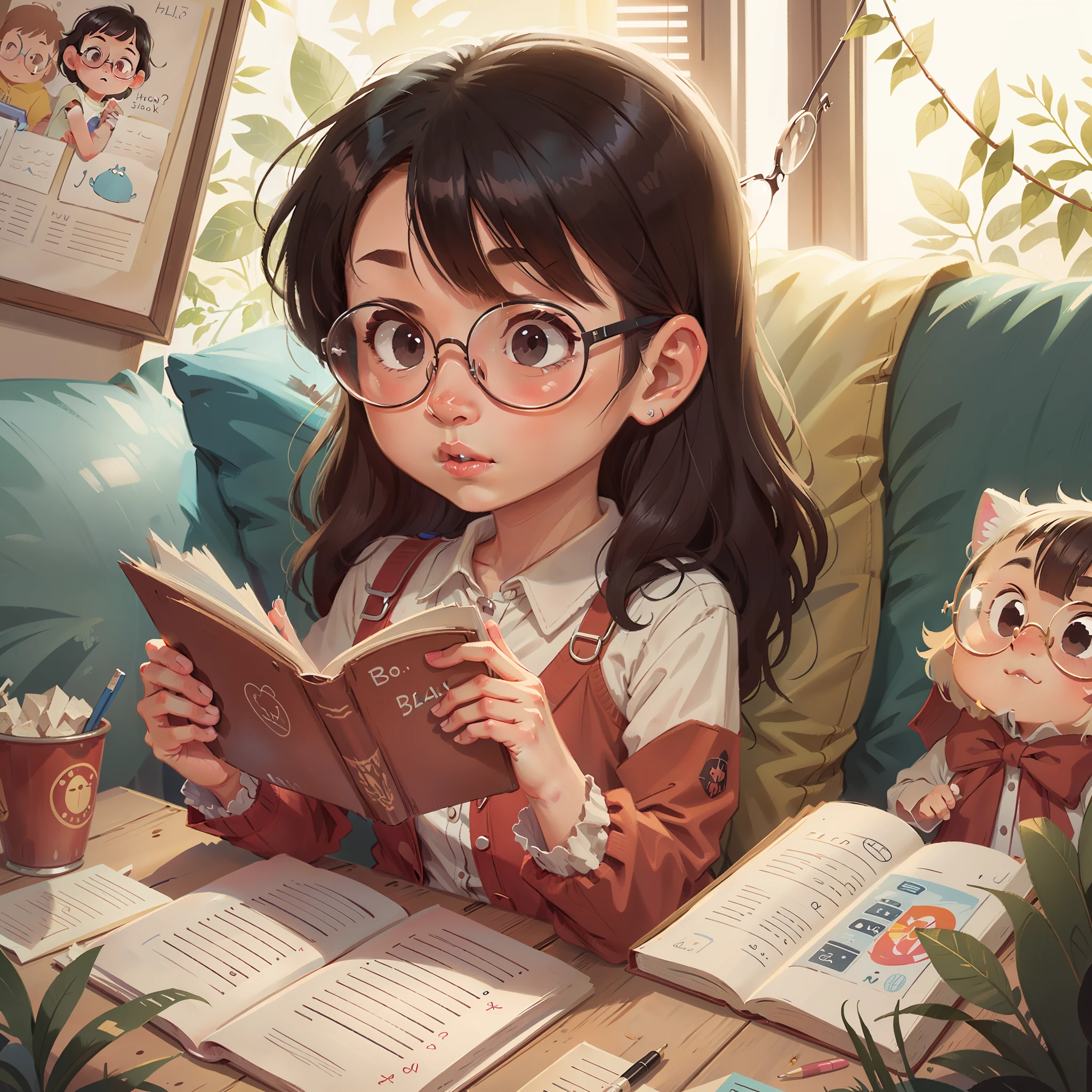A beautiful girl black hair, prescription glasses, reading a book(((solo))) curious, children's drawing