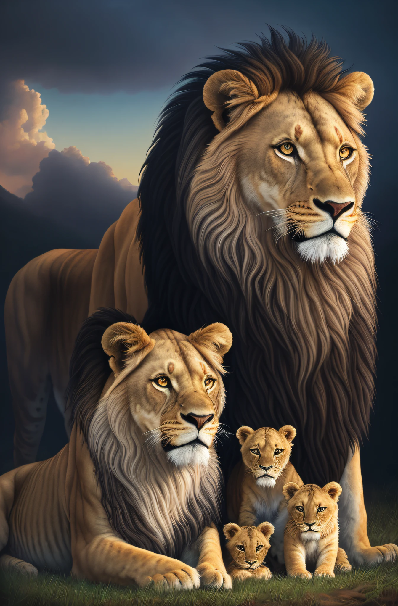 An oil painting of , a lion with a lioness and her family of four cubs in front of a vibrant, epic, hdr, hyper-detailed, cinematic, soft colors, foggy, hyper realistic bg painting