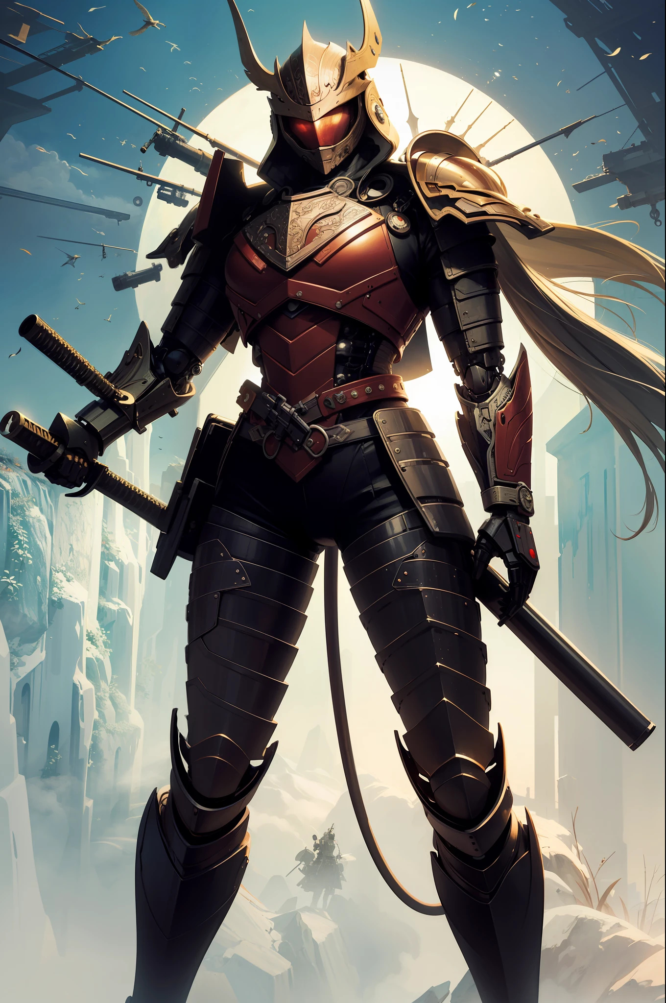 (masterpiece, top quality, best quality, official art, beautiful and aesthetic:1.2), (1girl), extreme detailed,(fractal art:1.3), sexy, exotics, colorful,highest detailed, cyborgpunk, samuraipunk, tactical, armor,black iron mask,all red armor,mechanical tail,mechanical parts, robot joints,hydraulic system,headgear,stoop down,lower one's waist,medieval battlefield,backlight fog,