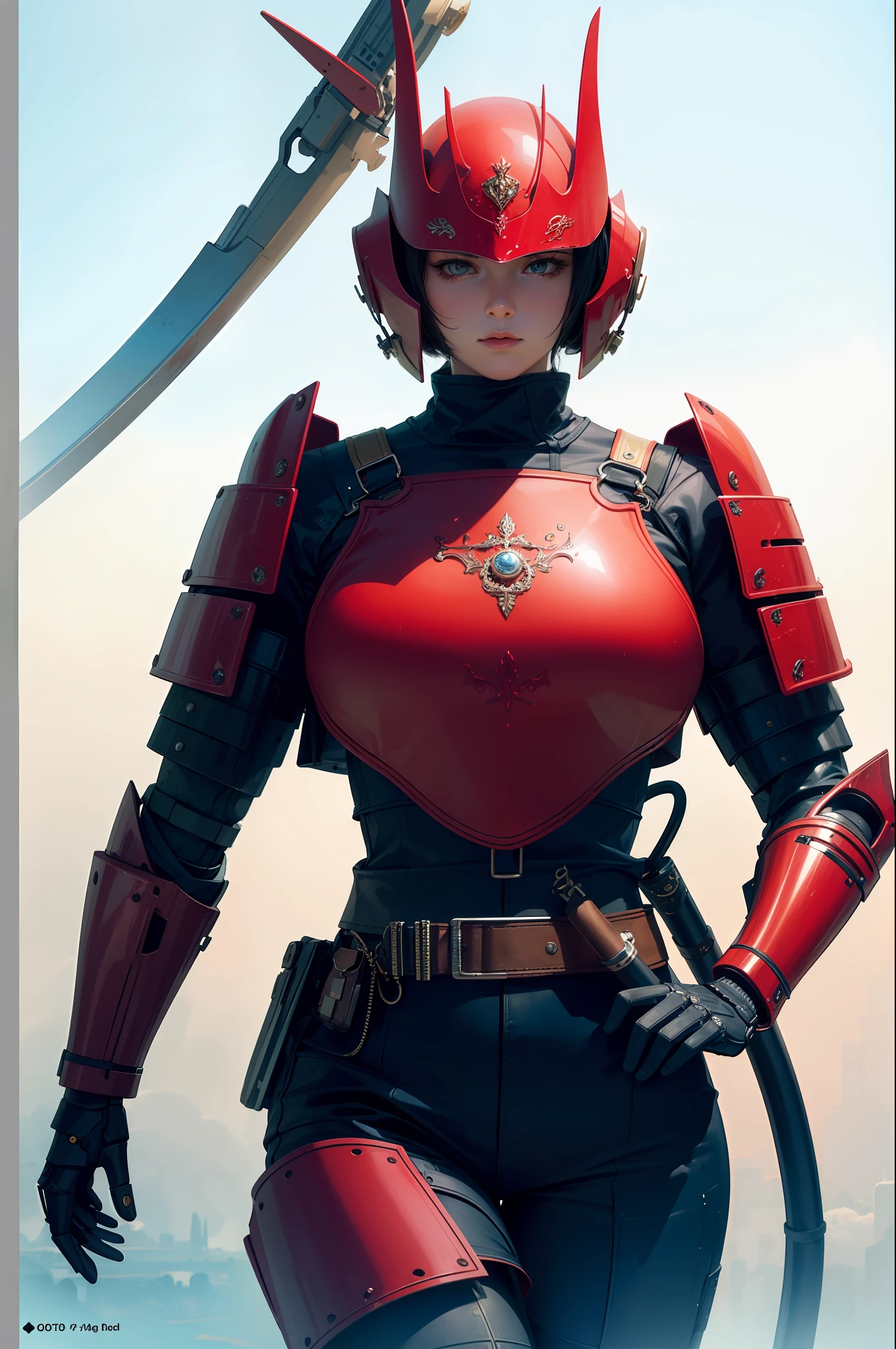 (masterpiece, top quality, best quality, official art, beautiful and aesthetic:1.2), (1girl), extreme detailed,(fractal art:1.3), sexy, exotics, colorful,highest detailed, cyborgpunk, samuraipunk, tactical, armor,black iron mask,all red armor,mechanical tail,mechanical parts, robot joints,hydraulic system,headgear,stoop down,lower one's waist,medieval battlefield,backlight fog,